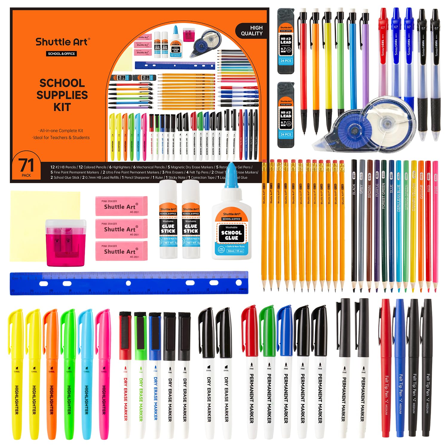 71 Pack School Supplies Kit, Shuttle Art Back to School Supplies for Teachers, Middle High Schools, College School Supplies with Highlighters, Pencils, Gel Pens, Dry Erase Markers, Felt Tip Pens, Glue