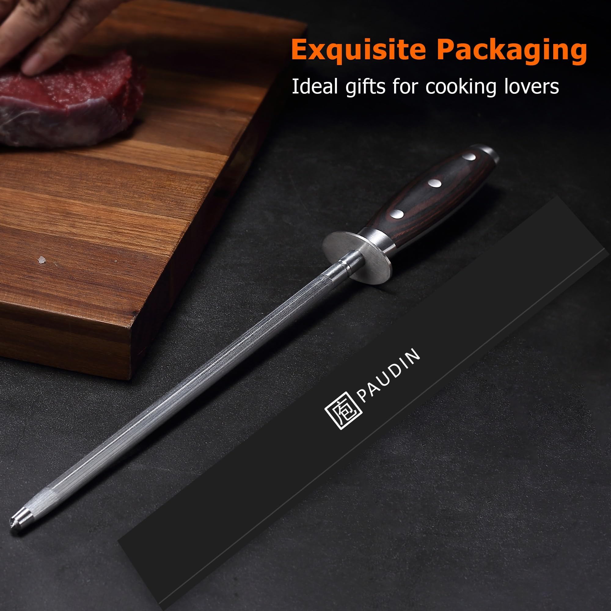 PAUDIN 10 Inch Honing Steel, Knife Sharpening Steel, Professional Carbon Steel Knife Sharpener Rod for Kitchen Knives