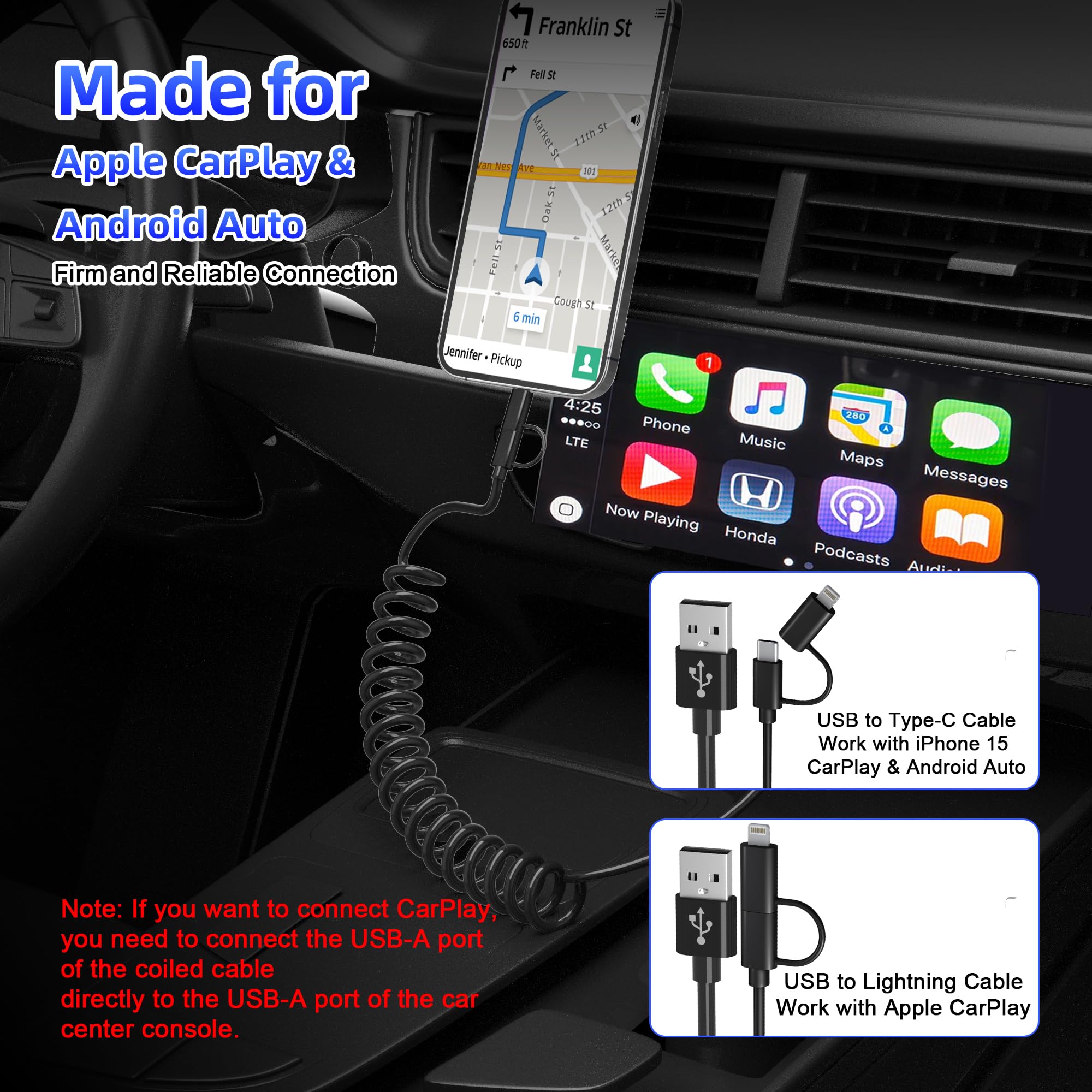 USB to USB-C and Lightning Cable Combo 2 in 1 Coiled Cable Apple Carplay & Android Auto Compatible [MFi & 3A Fast Charge & Data Sync] Coiled Lightning and USB C Cable for iPhone 16/15/14/13/12/Android