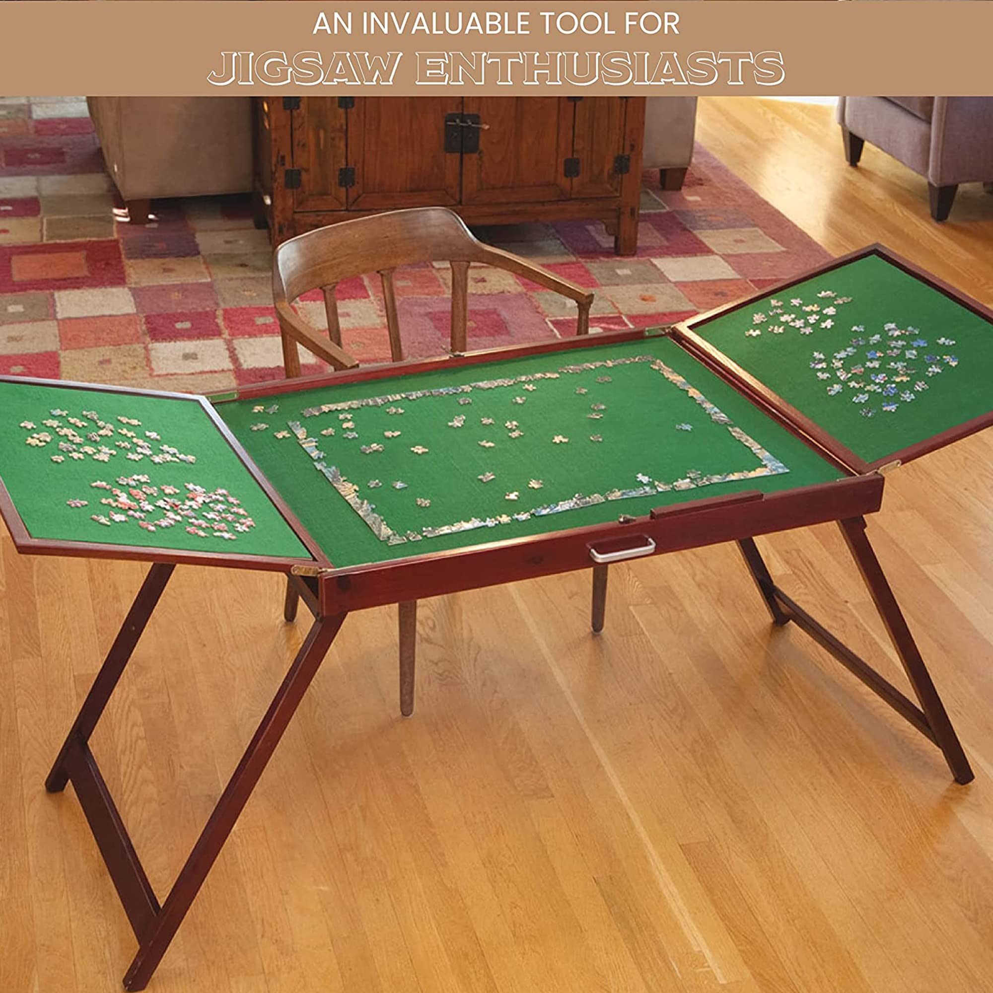 Bits and Pieces Fold-and-Go Wooden Jigsaw Puzzle Table with Legs, Foldable Puzzle Board for Up to 1500 Pieces, 30" Tall, 25" x 34" Assembly Surface