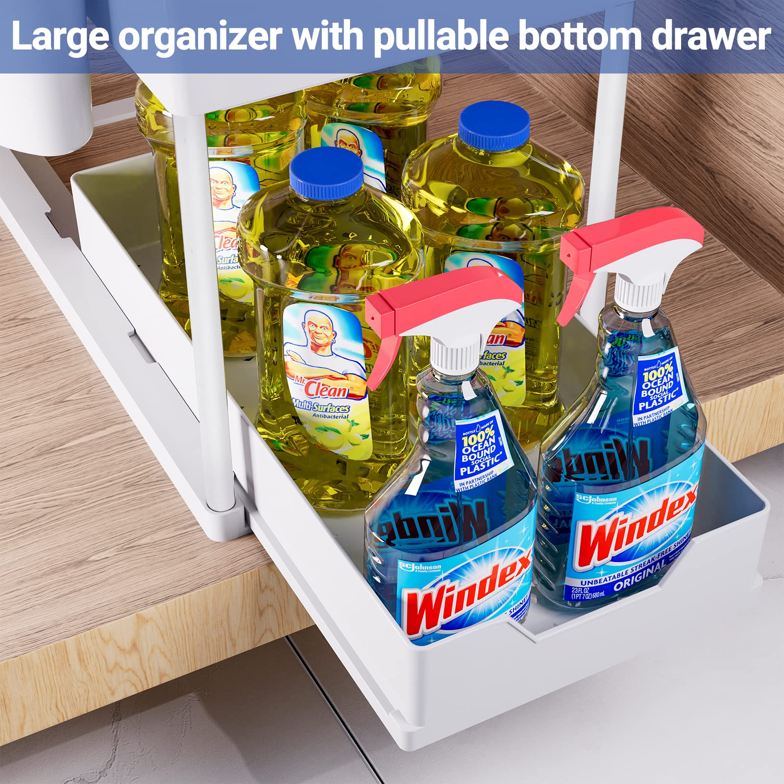 Puricon 3 Pack Under Sink Organizer, Pull Out Under Sink Storage for Kitchen, 2 Tier Sliding Under Sink Organizers and Storage Bathroom Under Cabinet Shelf for Cleaning Supplies -White