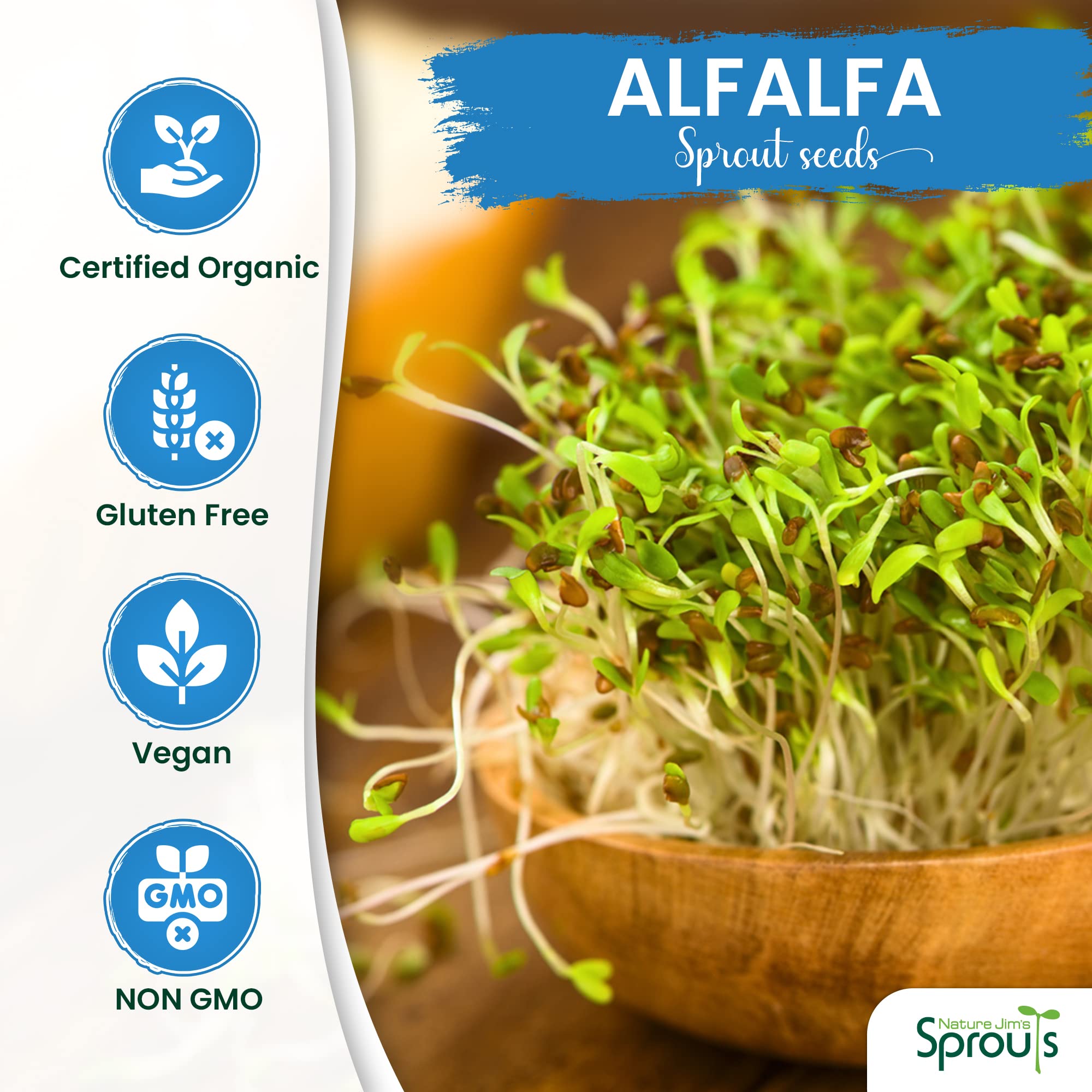 Nature Jims Sprouts Alfalfa Seeds – Non-GMO Organic Sprout Growing Kit for Planting – Premium Resealable Bag for Fresh Homegrown Sprouting Seeds – Rich in Nutrients, Vitamins, Fiber & Minerals – 16oz