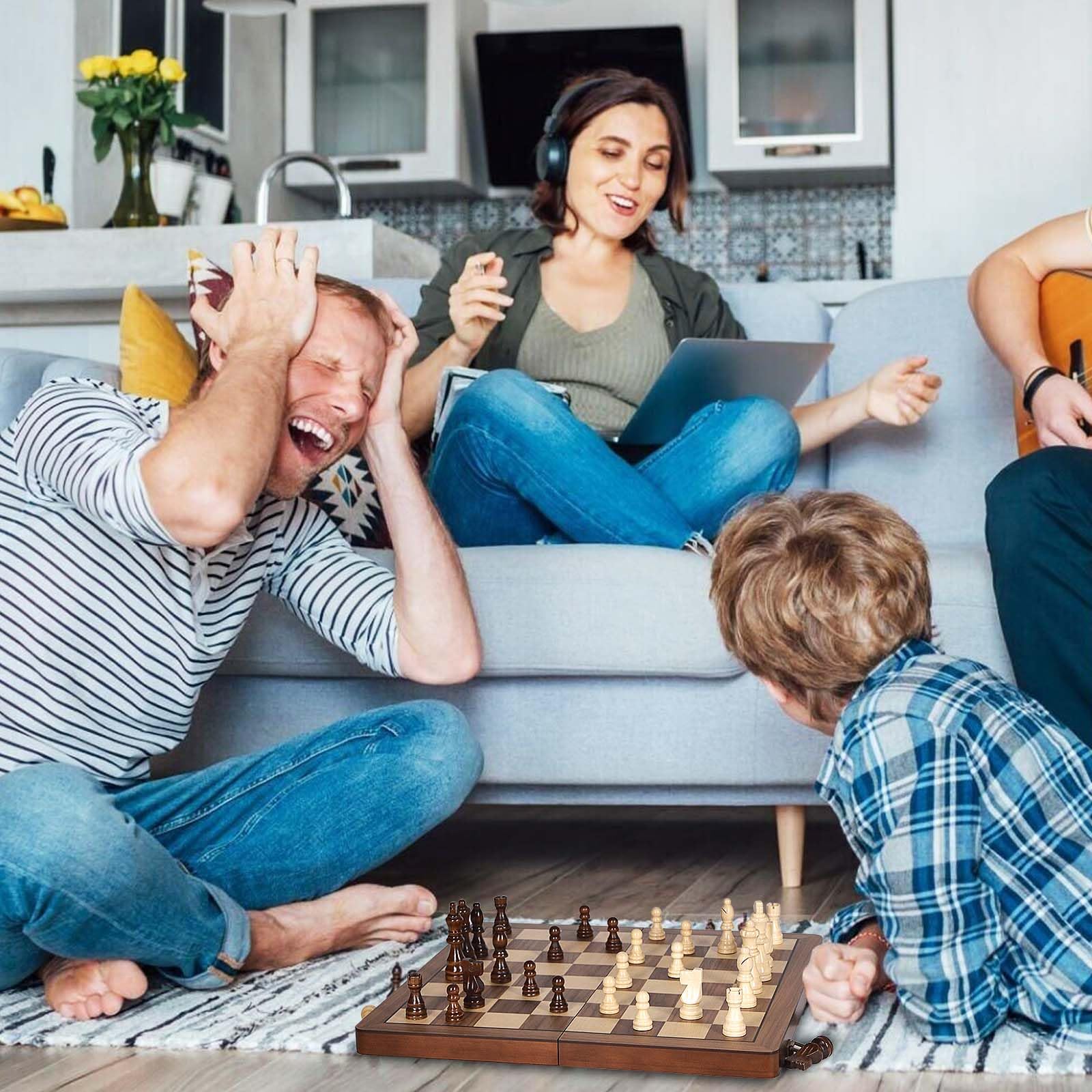 ELONGDI 15" Wooden Chess Set with Magnetic Pieces - Extra Queens - Folding Chessboard Portable Travel Tournament Chess Board Games for Adults Kids