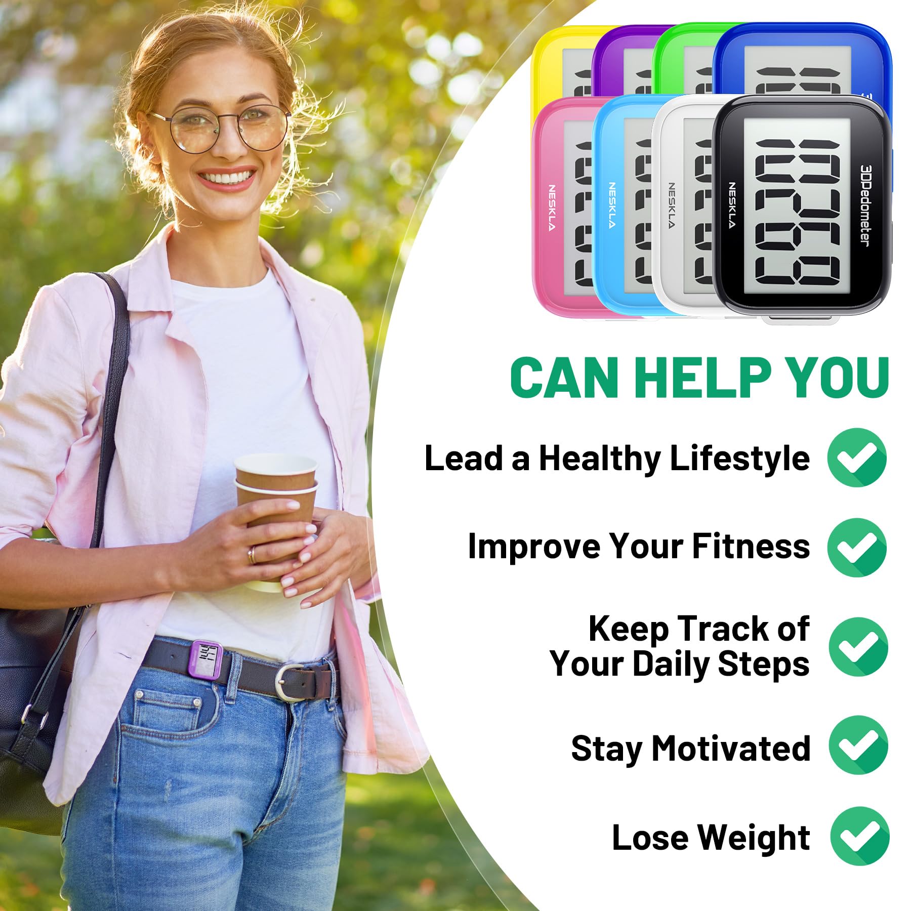 NESKLA 838 3D Pedometer for Walking, Simple Step Counter and Tracker with Large Digital Display, Removable Clip Lanyard, Accurately Track Steps for Men, Women, Kids, Adults, Seniors, Black