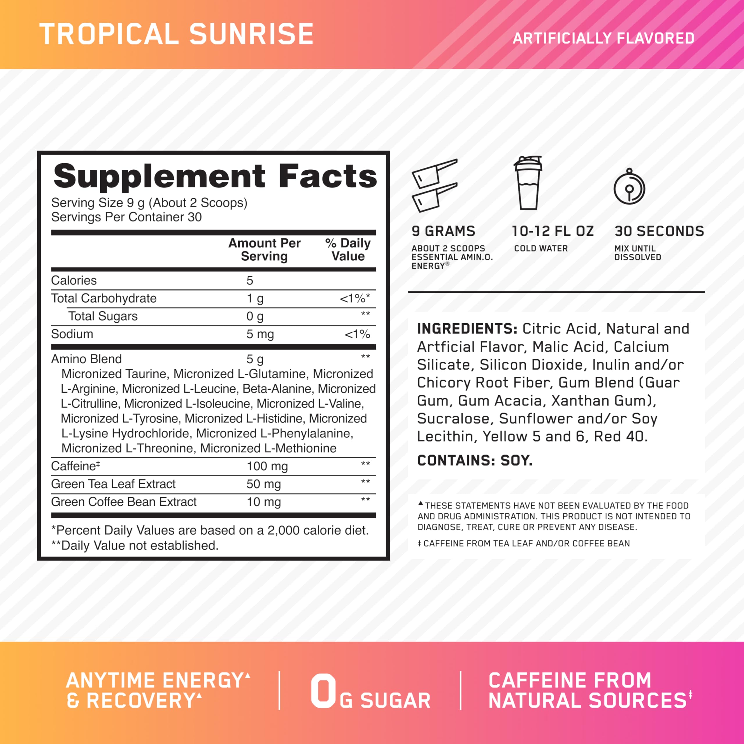 Optimum Nutrition New Flavor Amino Energy - Pre Workout with Green Tea, BCAA, Amino Acids, Keto Friendly, Green Coffee Extract, Energy Powder - Tropical Sunrise, 30 Servings (Packaging May Vary)