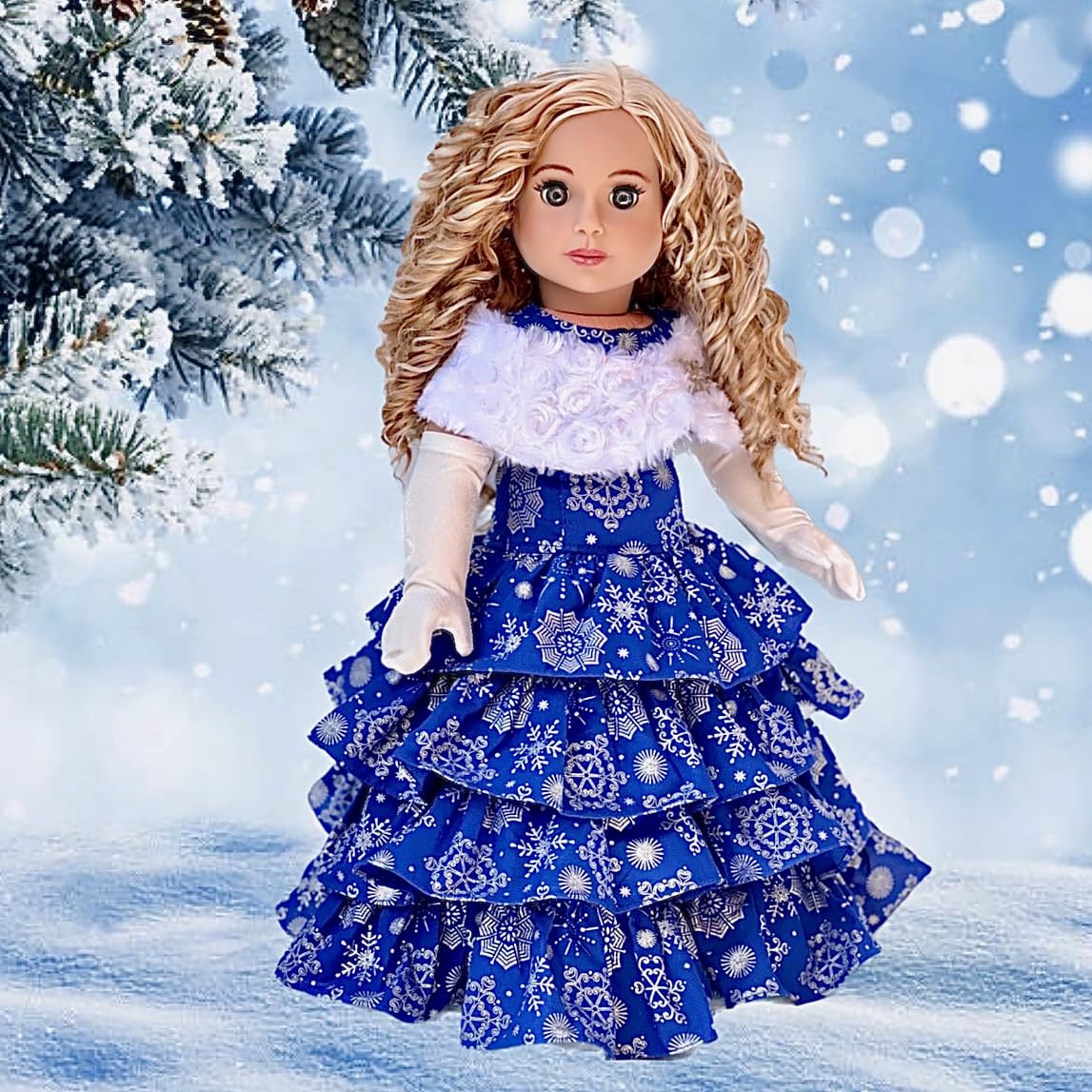 Silver Snowflake - 3 Piece 18 inch Doll Outfit - Blue Gown with White Stole and Long Gloves - (Doll Not Included)