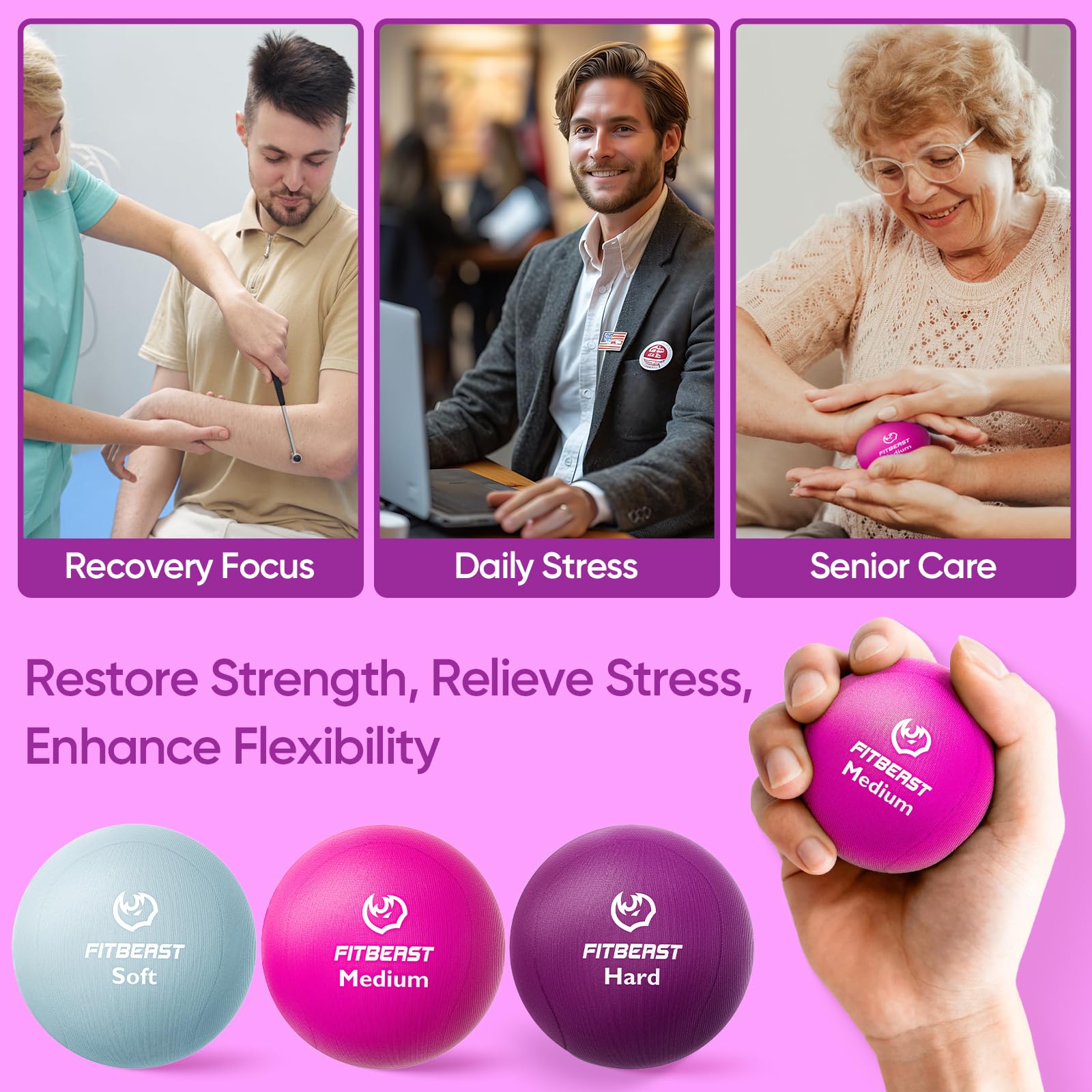 FitBeast Grip Strength Trainer – 6 Pieces Hand Therapy Kit with Finger Extension Exerciser & Stress Balls for Adults, Rehab & Strength Training – for Men, Women, and Seniors (6-Piece Bright Tones)