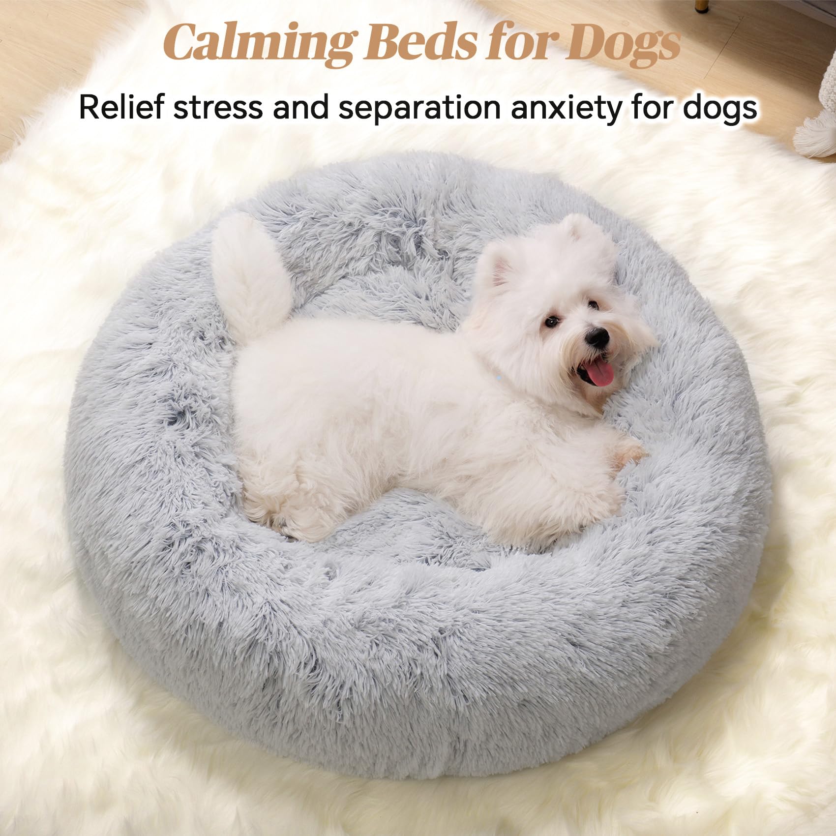 Calming Small Dog Bed & Cat Bed, Donut Fluffy Anti-Anxiety Round Washable Cute Bed, Plush Cozy Cuddler Warming Soft Comfort Pet Puppy Bed for Small Medium Dogs, 20inch,Light Grey