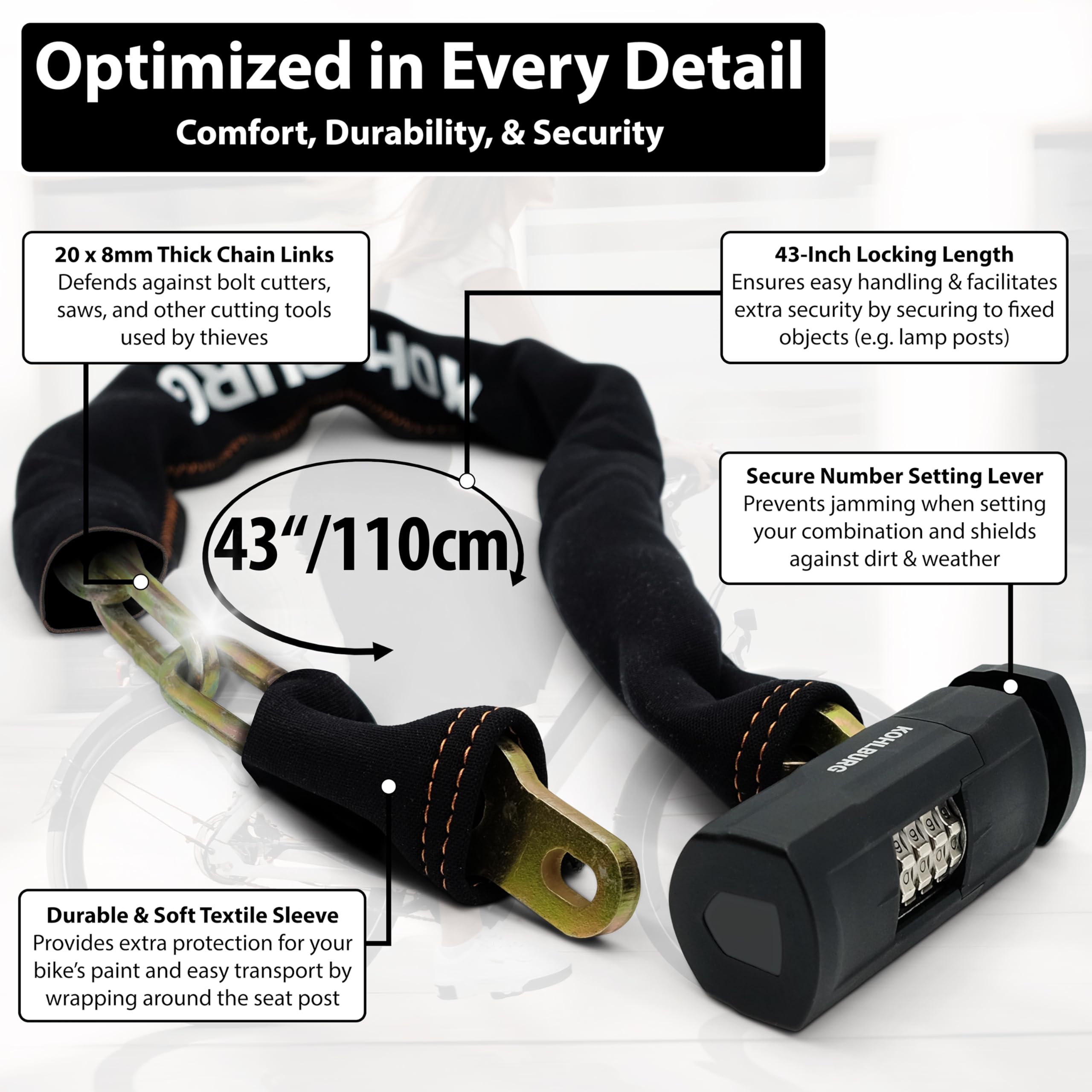 KOHLBURG Heavy Duty Combination Bike Lock [Sold Secure Gold] 43" Long with Maximum Security – Anti Theft Bike Chain Lock with Numeric Code & 8mm Hardened Steel for Bicycle, Ebike, & Motorcycle