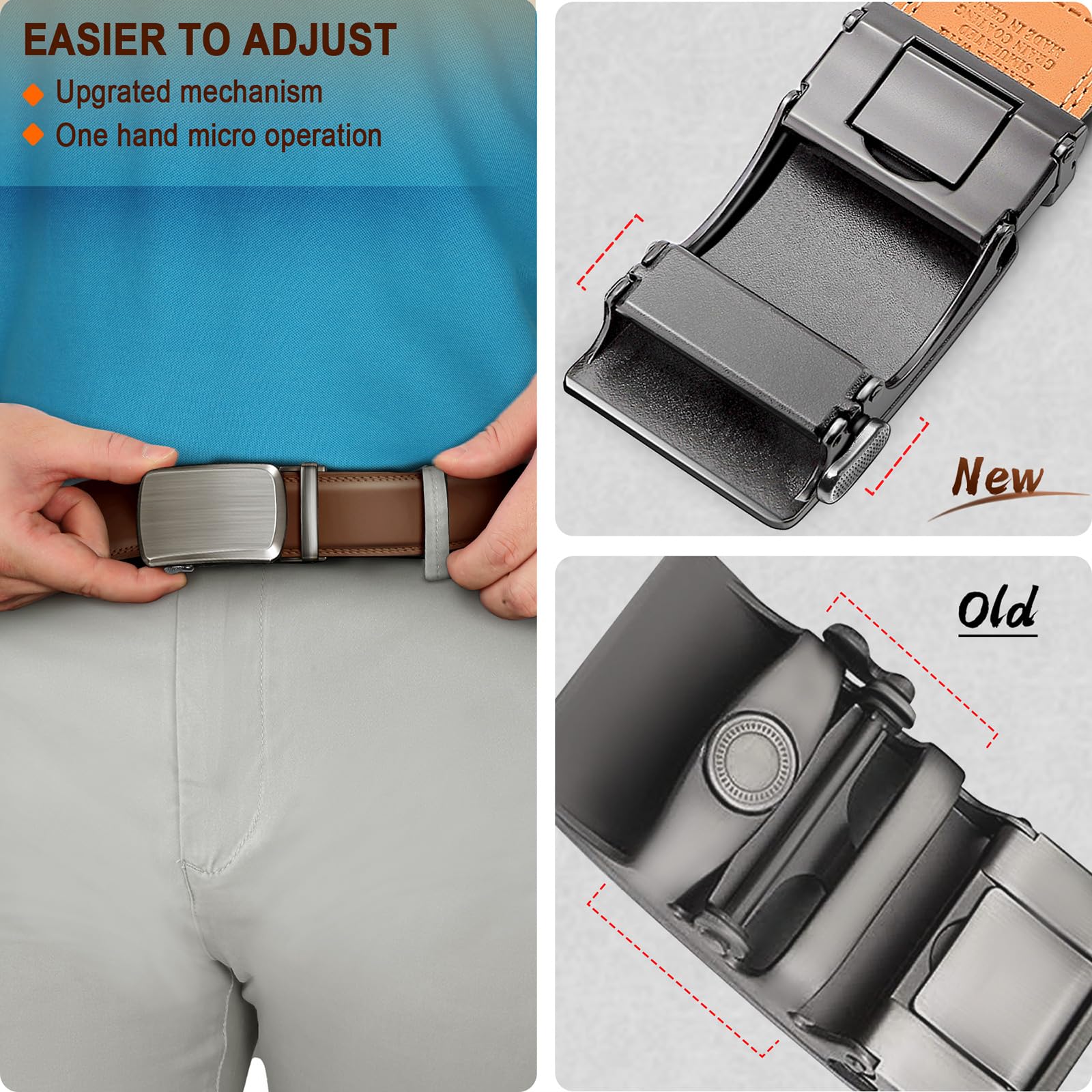 BULLIANT Men Belts 2 Pack,Ratchet Sliding Belt Adjustable For Gift Mens Dress Casual 1 3/8",Cut for Fit(Black/Tawny,32"-38" Waist Adjustable)