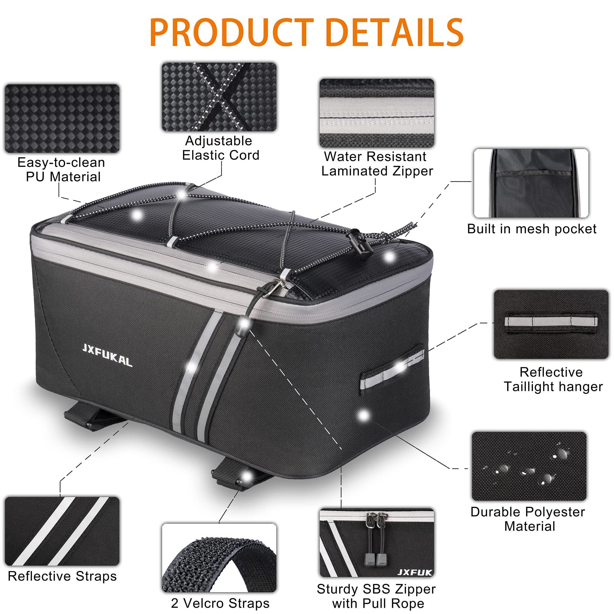 JXFUKAL Rear Bike Rack Bag with Rain Cover, 7L/9L/10L/12L Waterproof Bicycle Ebike Saddle Bag Cycling Pannier Trunk Carrier with Reflector & Adjustable Cord for Commuter Travel Outdoor