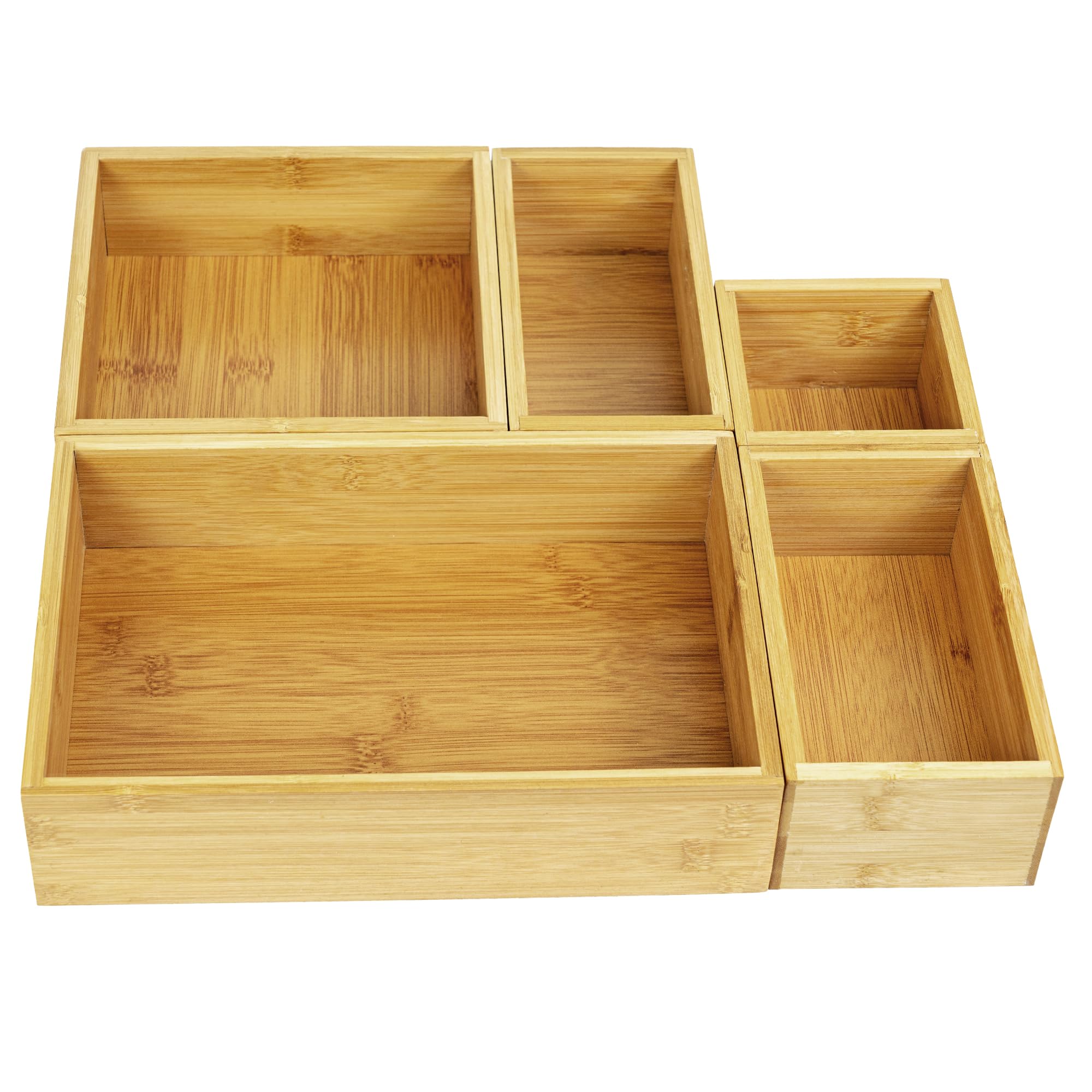 VaeFae 5 PCS Bamboo Drawer Organizers Set, 5-size Wooden Organizer Box, Storage Bins for Kitchen, Bathroom, Office, Bedroom and Living Room