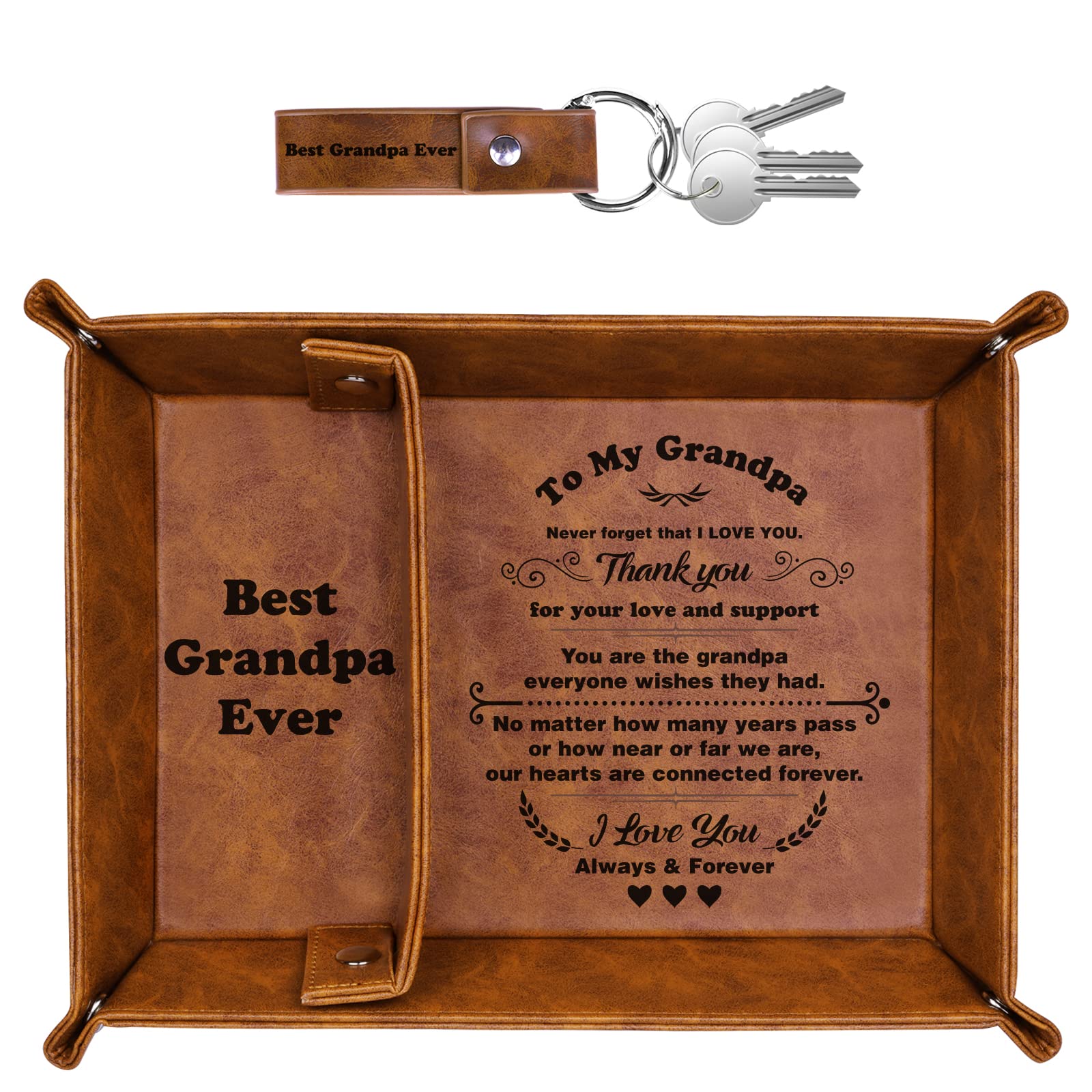 ZAPUVO Best Grandpa Ever PU Leather Tray and Keychain, Unique Grandpa Gifts for Christmas Xmas from Grandchildren, Sentimental Gifts for Birthday for Grandpa from Granddaughter Grandson Fathers Day