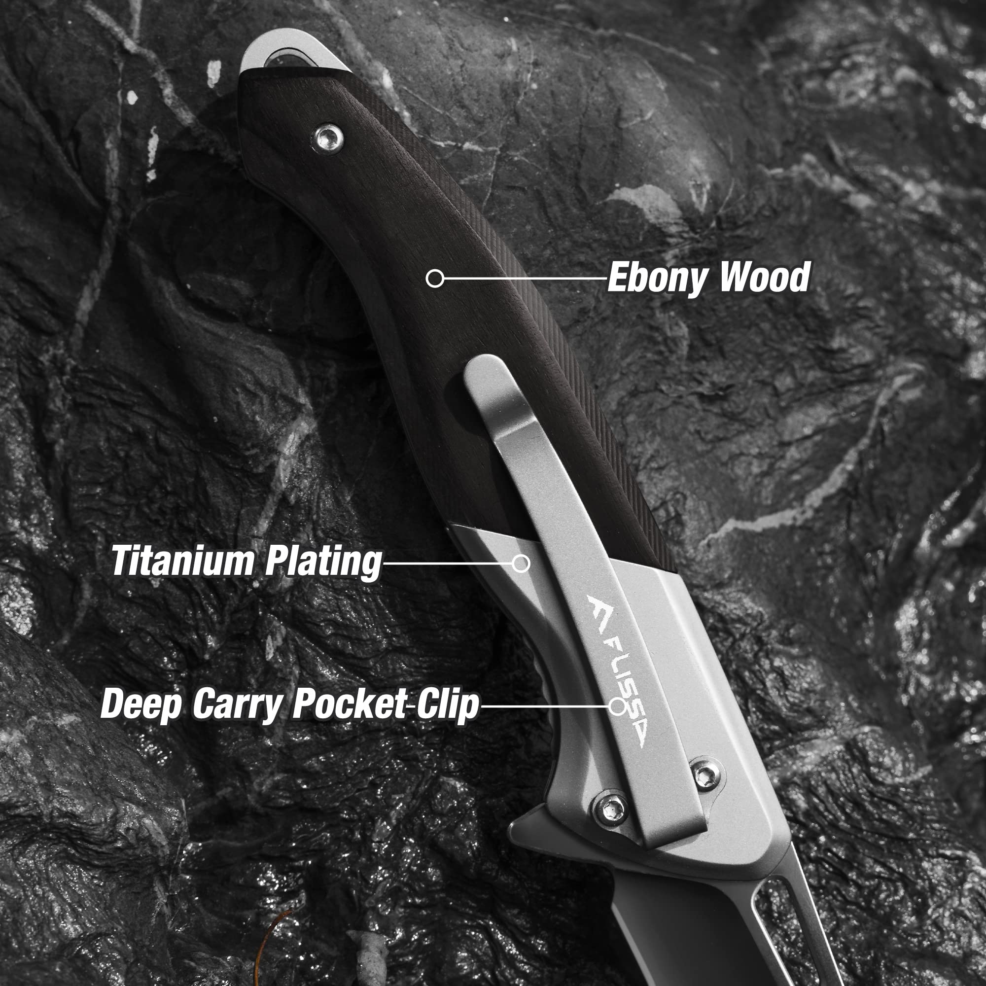 FLISSA Pocket Knife, Folding EDC Knife, 3.5 inch Blade, Titanium Coating & Ebony Wood Handle, for Outdoors, Hiking, Camping, Black