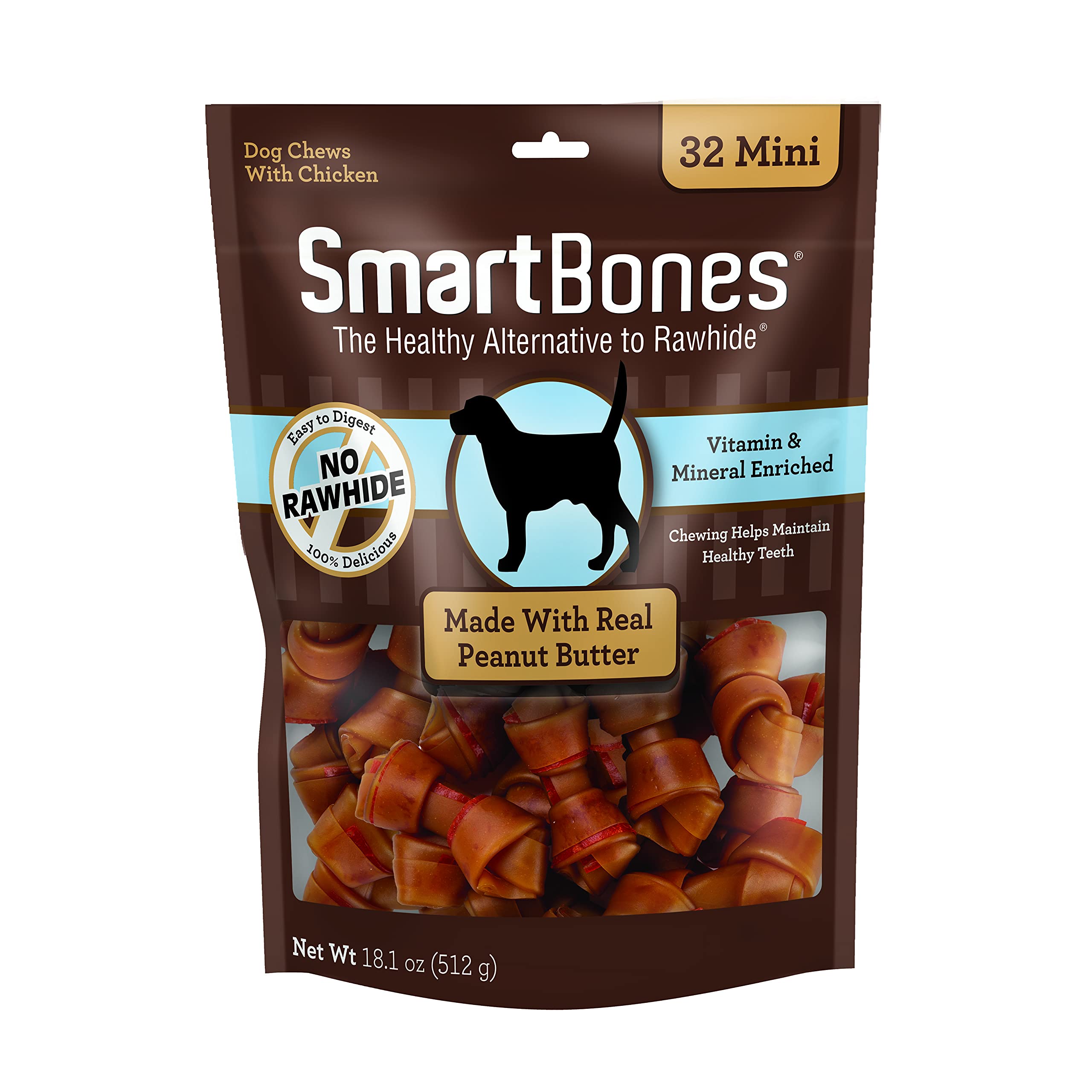 SmartBones Mini Chews With Real Peanut Butter 32 Count, Rawhide-Free Chews For Dogs