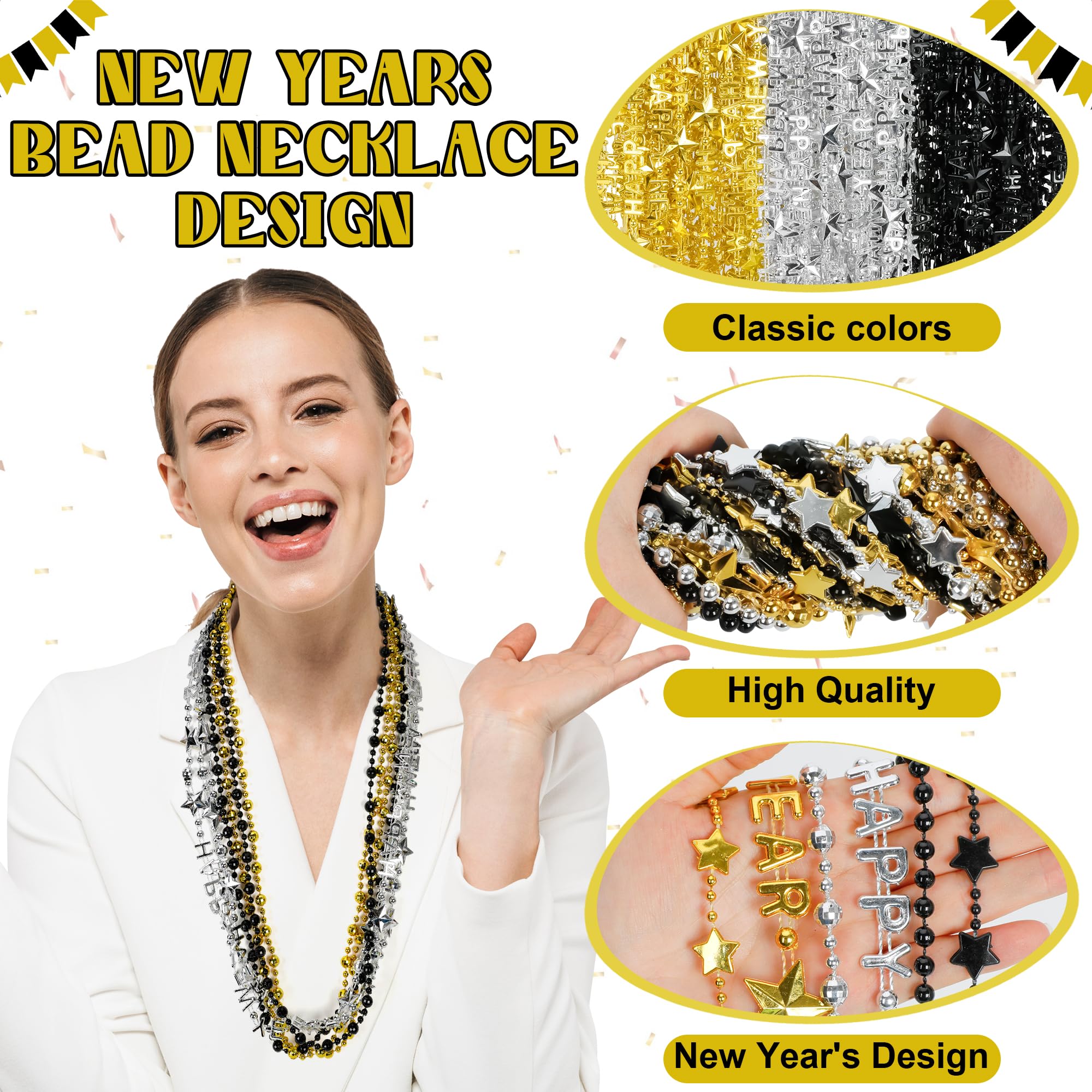 50PCS New Years Eve Necklace, New Years Black Gold Silver Bead Necklace Party Supplies 2025, 12 Kinds of HAPPY NEW YEAR Star Bead Necklace Bulk, Bead Necklace 2025 Accessories for New Years Decor