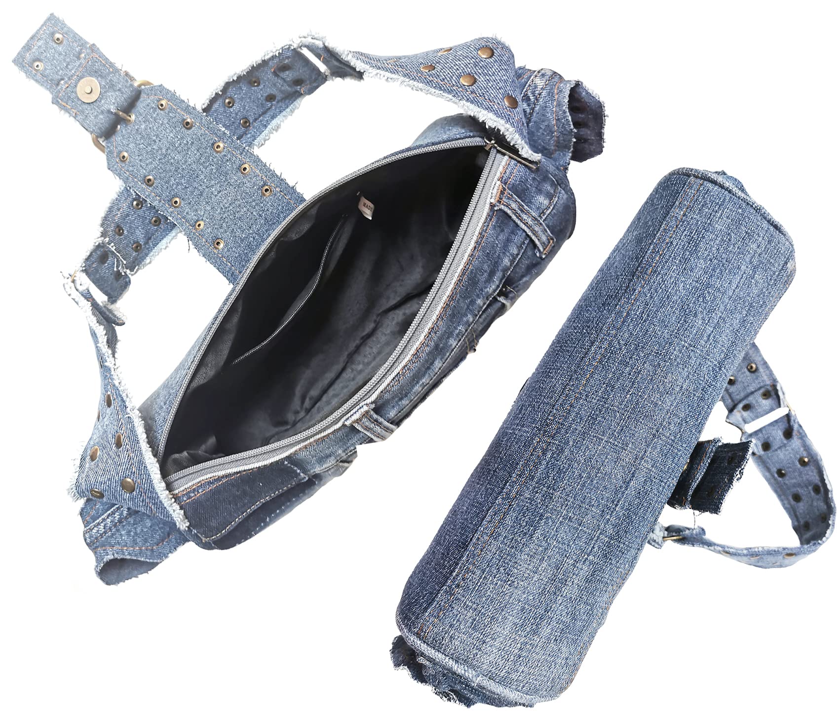 Upcycling Blue Denim Jeans Punk Brass Rivet Studded Buckle Belt Decorative Barrel Shoulder Handle Handbag Purse