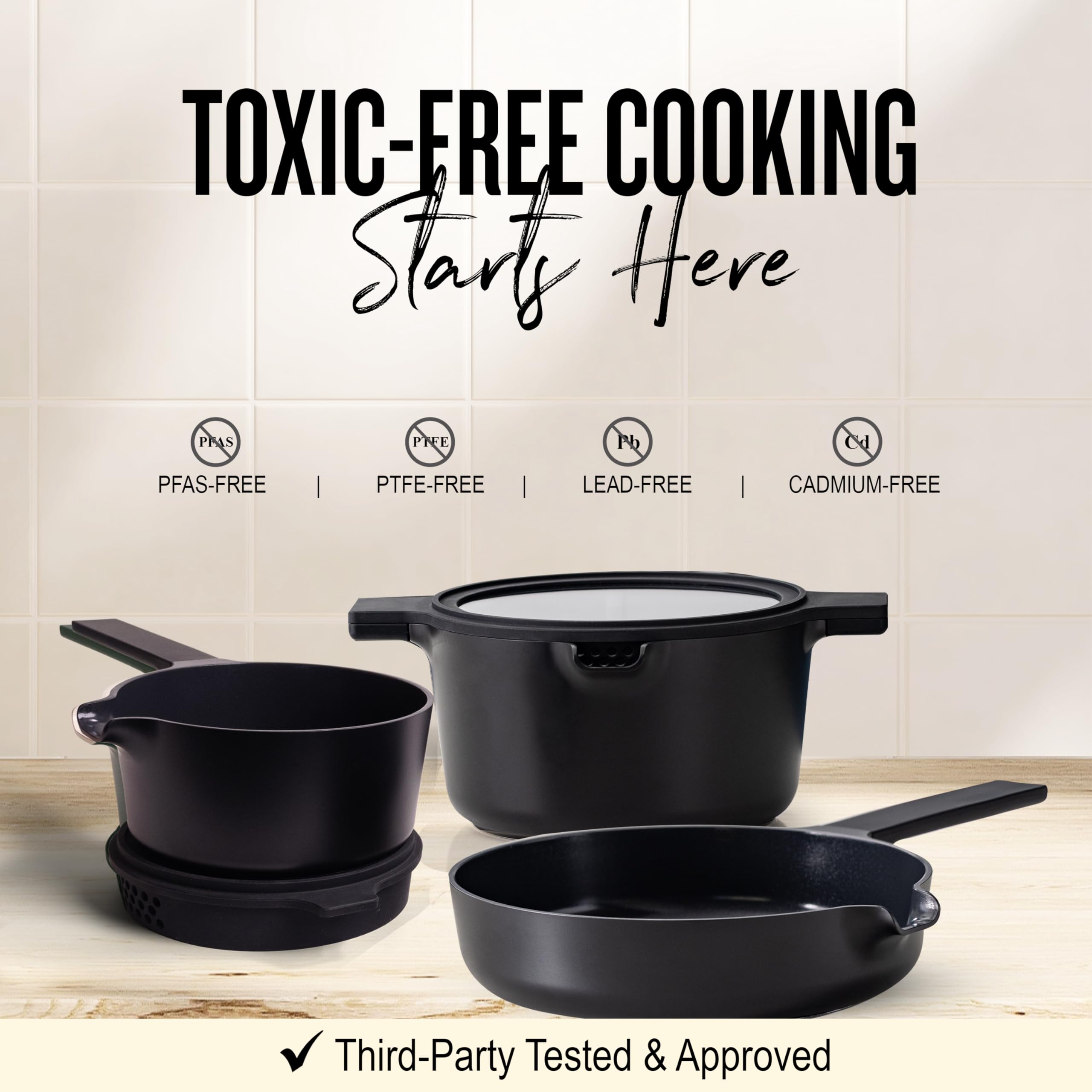 Alva Neat 5-Piece Nested Nonstick Ceramic Cookware Set - Made without PFAS, PFOA & PTFE – Induction & All Stovetop Compatible, Oven Safe, Easy to Clean – Space-Saving Design, Black