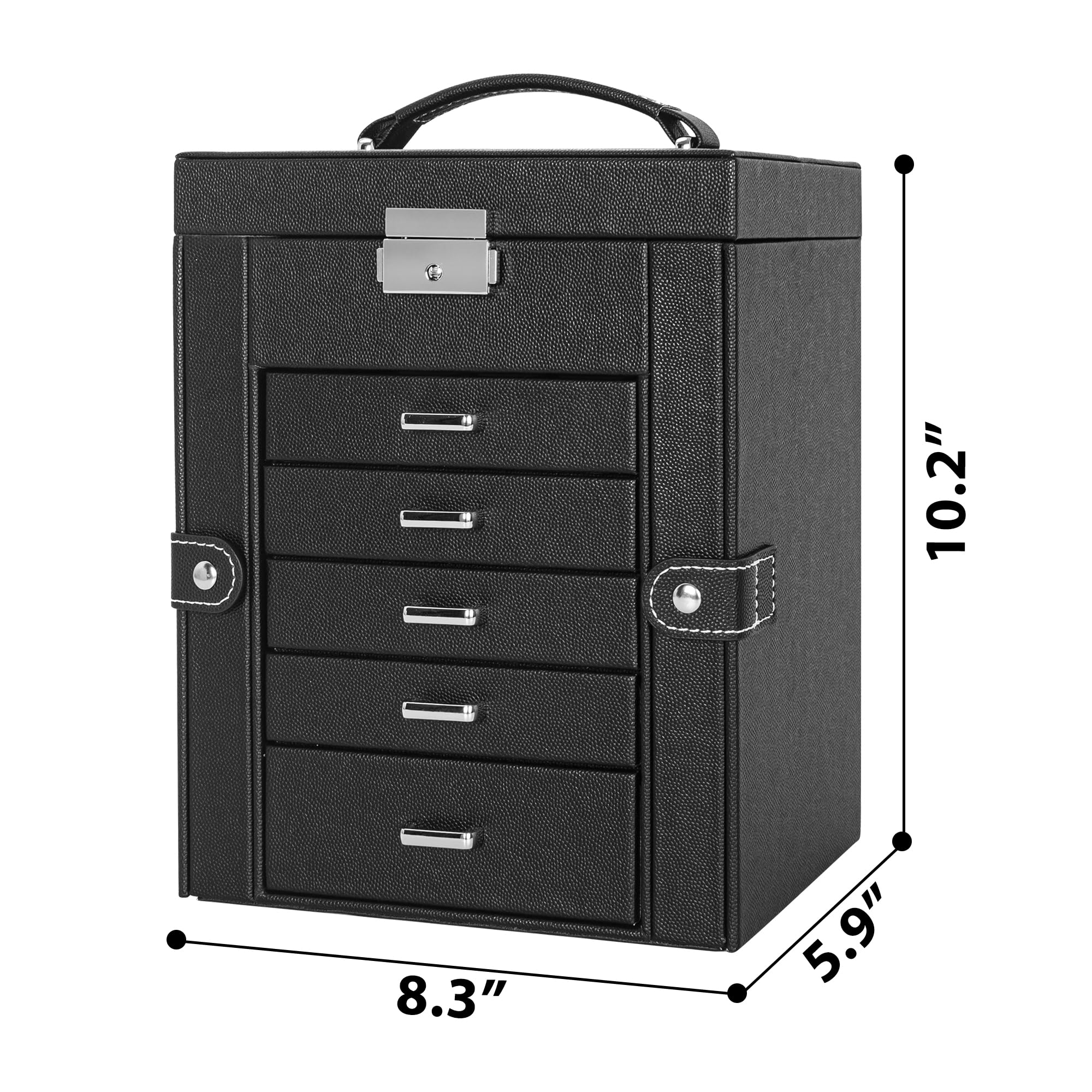 AKOZLIN 6 Layer Jewelry Box Lockable Leather Jewelry Storage Case with 5 Drawers for Women Girls Ring Necklace Earring Bracelet Holder Organizer with Mirror