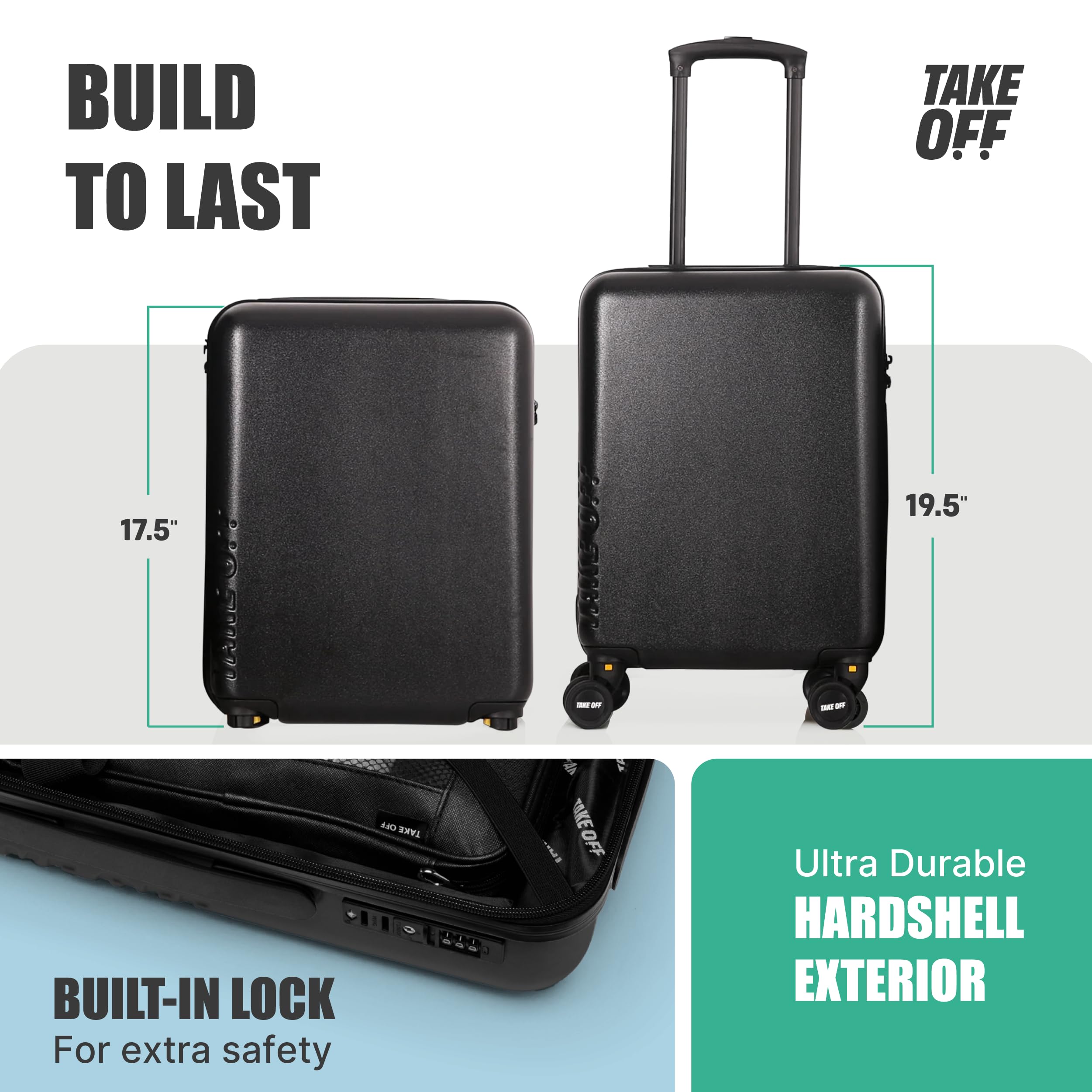 Take OFF Luggage - Personal Item Rolling Suitcase 3.0, TSA Approved, Small Carry On, Under the Seat, Hard Case with Removable Wheels, Light Weight Bag, Airplane Travel Essential Accessories, 18x14x8