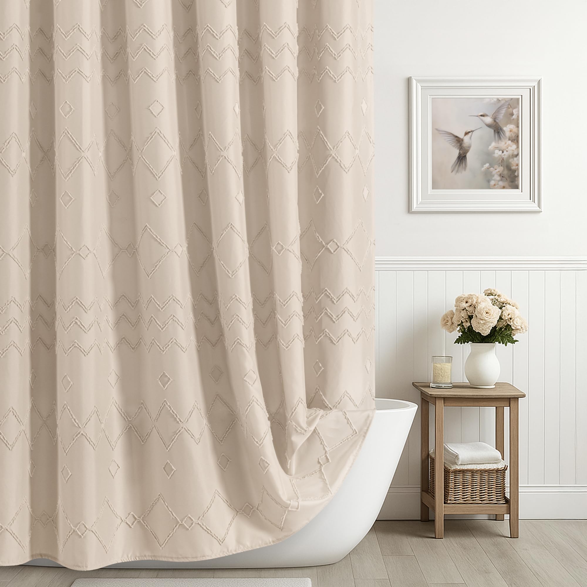 Seasonwood Beige Shower Curtain, Boho Woven Tufted Geometric Fabric Shower Curtain for Bathroom Modern Shabby Chic Textured Waterproof Farmhouse Cloth Shower Curtains, 72 x 72 Inches