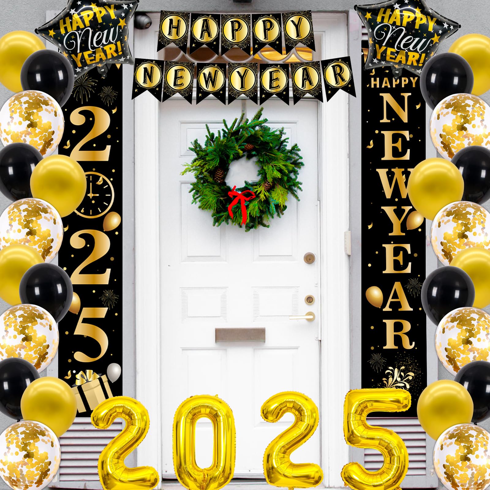 New Years Eve Party Supplies 2025, 40PCS Happy New Year Decorations Black Gold Happy New Years Banner Backdrop New Years Decorations 2025 Number Foil Confetti Balloons Door Banner NYE Decorations 2025