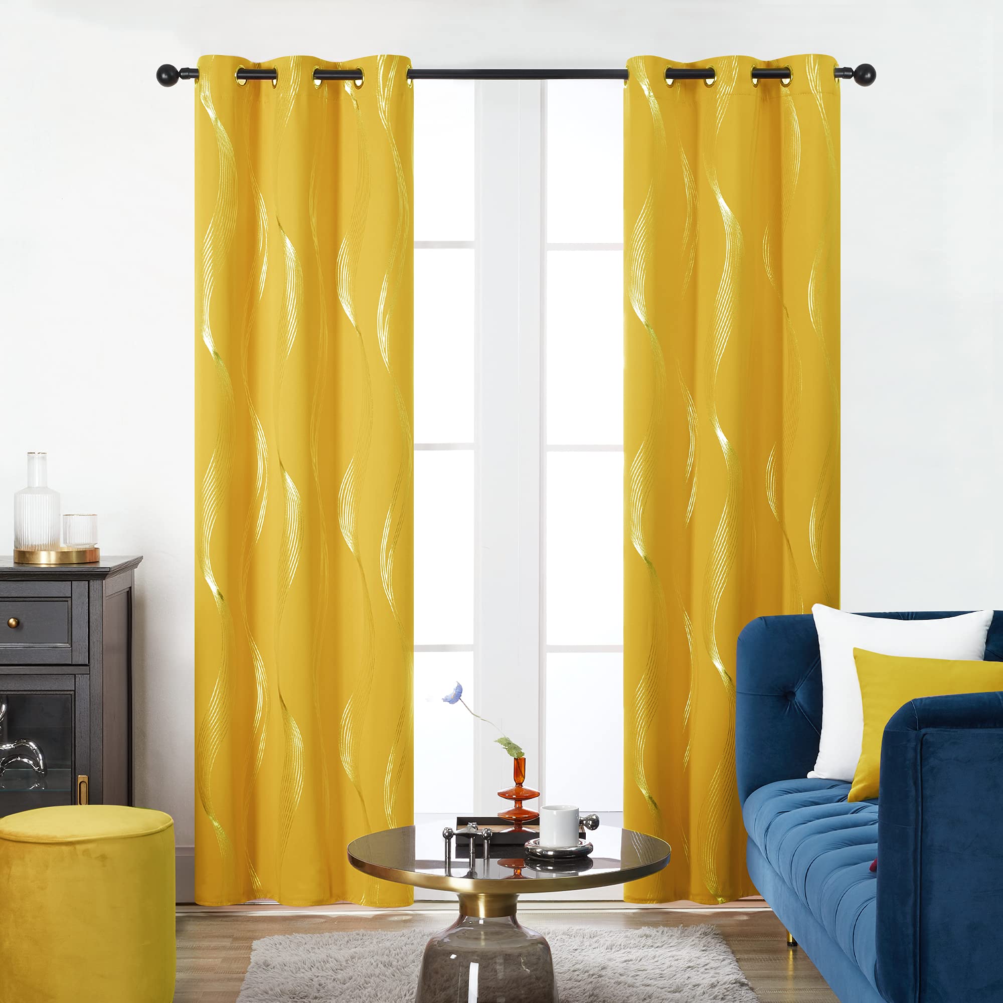 Deconovo Blackout Curtains, Wave Striped Foil Print Room Darkening Curtains, Grommet Curtains for Living Room, 42x90 Inch, Mellow Yellow, 2 Panels