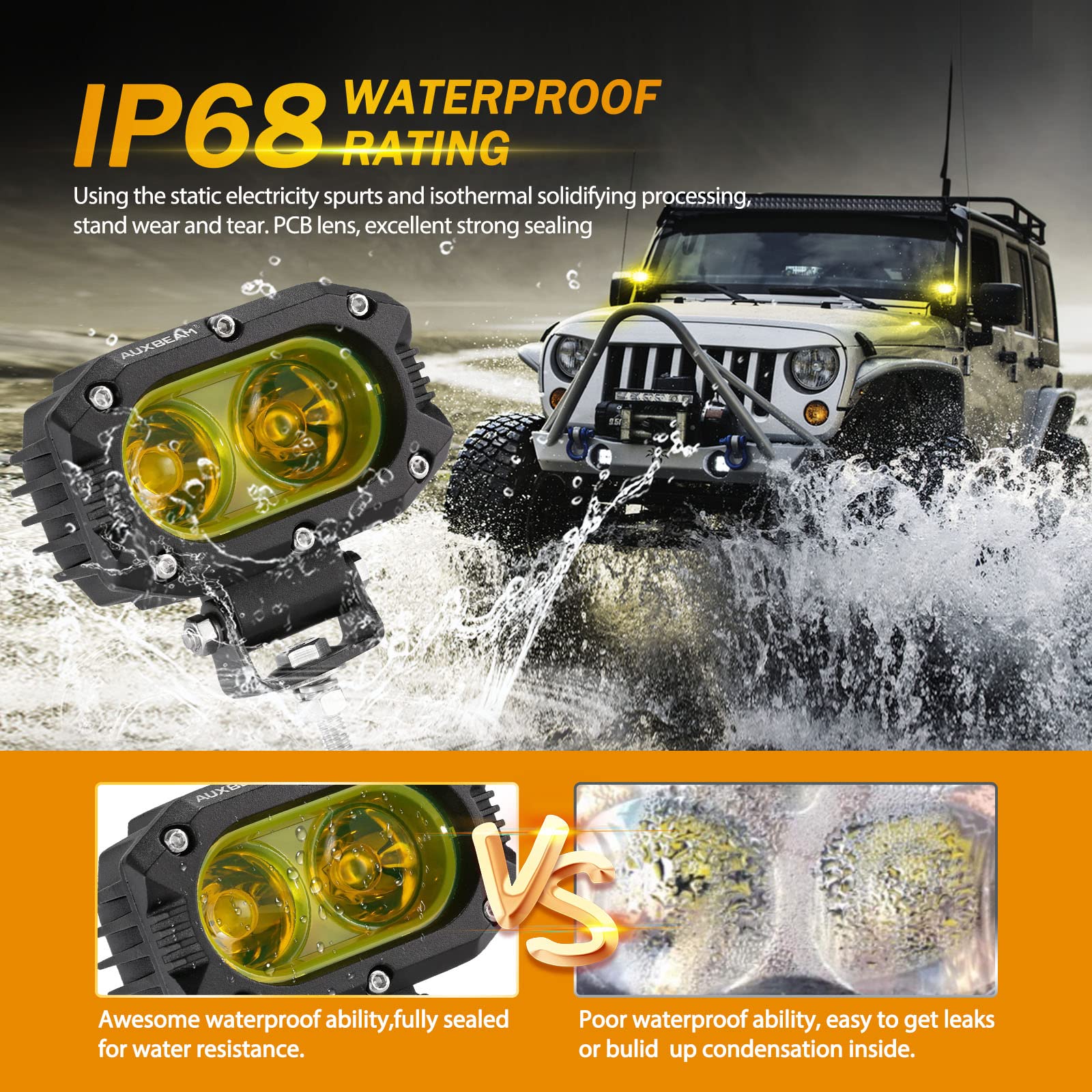 Auxbeam LED Amber Fog Light, 4Inch 60W Led Driving Offroad Lights Pod Super Bright with Wiring Harness Kit Yellow Flood Beam Pod Light for Truck SUV ATV UTV Jeep Wrangler Motorcycle