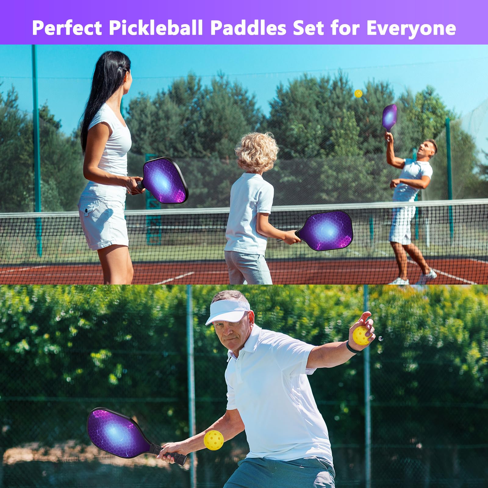 ENERFACE Pickleball Paddles Set of 2 : Ergonomic Grip Wooden Pickleball Rackets with 2 Pickleball Balls and Carry Box, Pickleball Set for Men Women (Honeycomb Violet, 2 Pack)