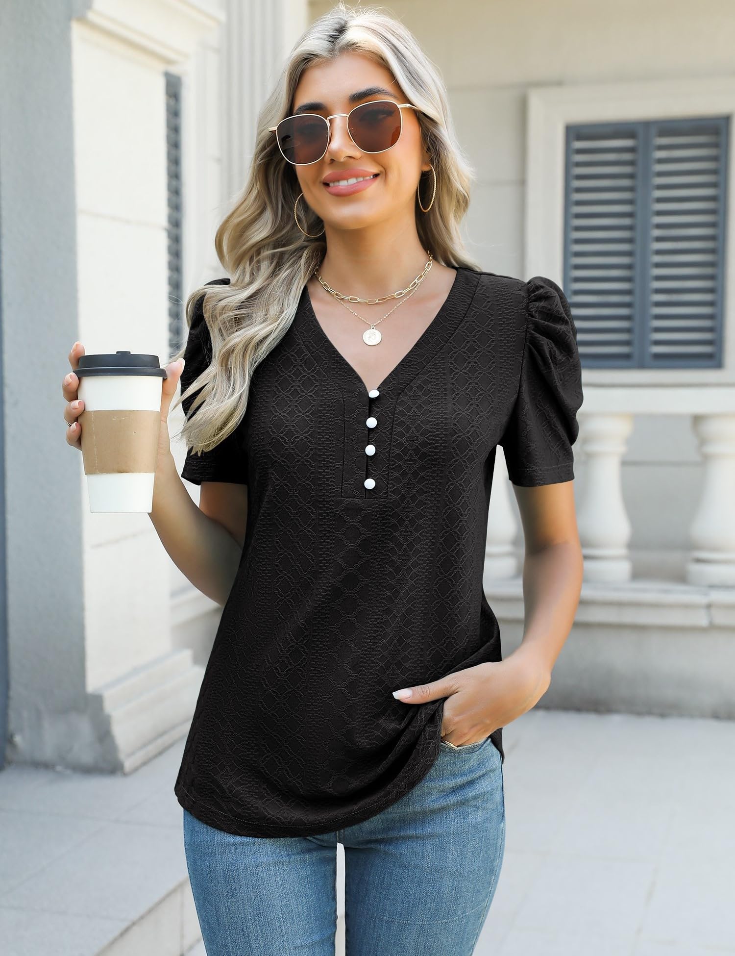 LOMON Womens Summer Shirt Puff Short Sleeve Tops V Neck Casual T Shirts Elegantes Loose Fit Blouses Black XL