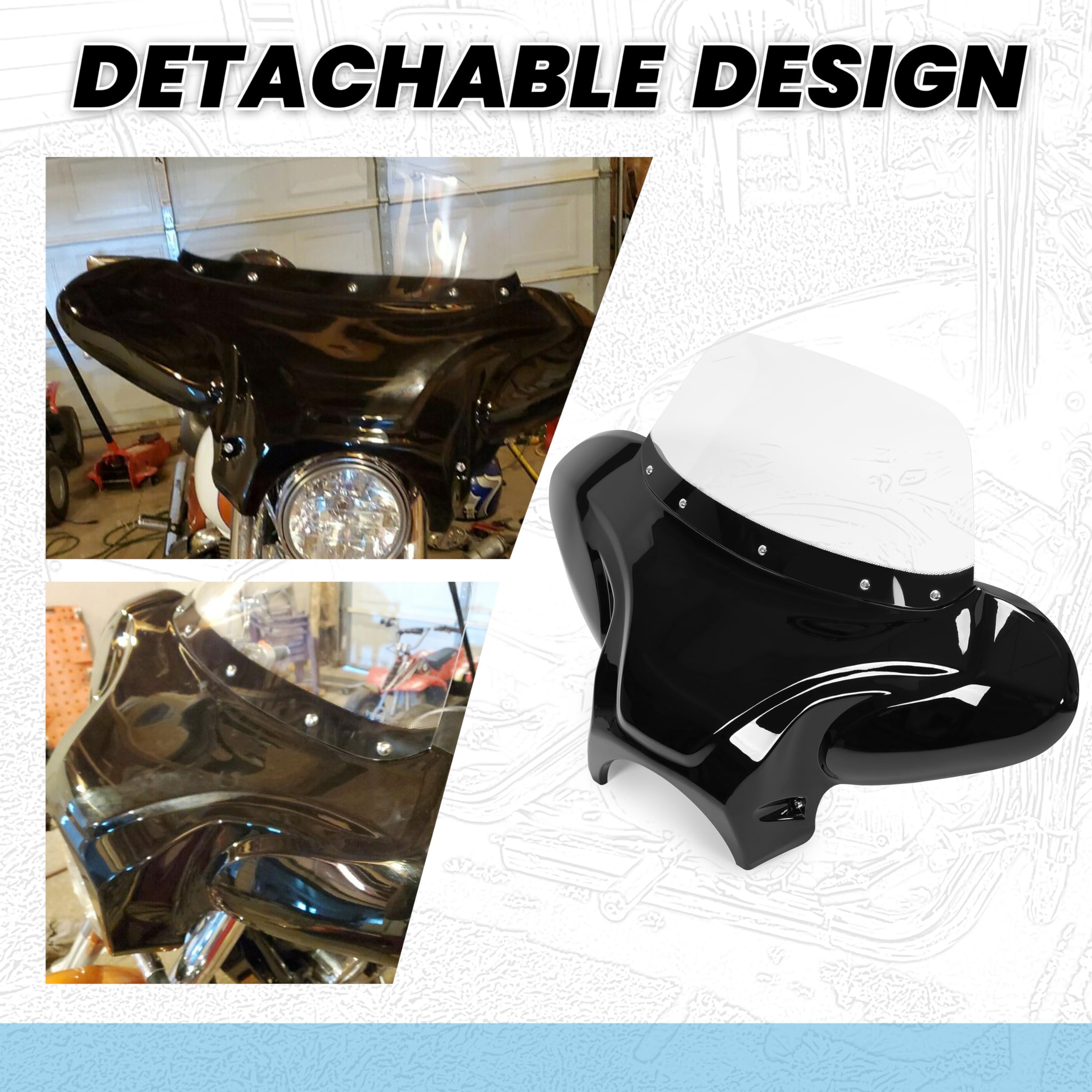ECOTRIC Universal Motorcycle Cruiser Front Outer Fairing Batwing w/Clear Windshield 37" Wide x 24" Tall Bat Wing Transparent Black ABS Plastic Durable