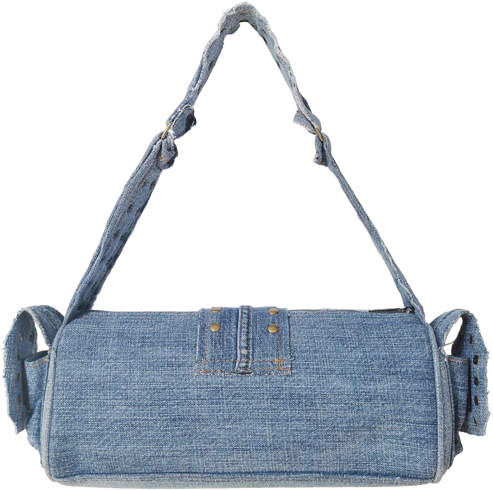 Upcycling Blue Denim Jeans Punk Brass Rivet Studded Buckle Belt Decorative Barrel Shoulder Handle Handbag Purse