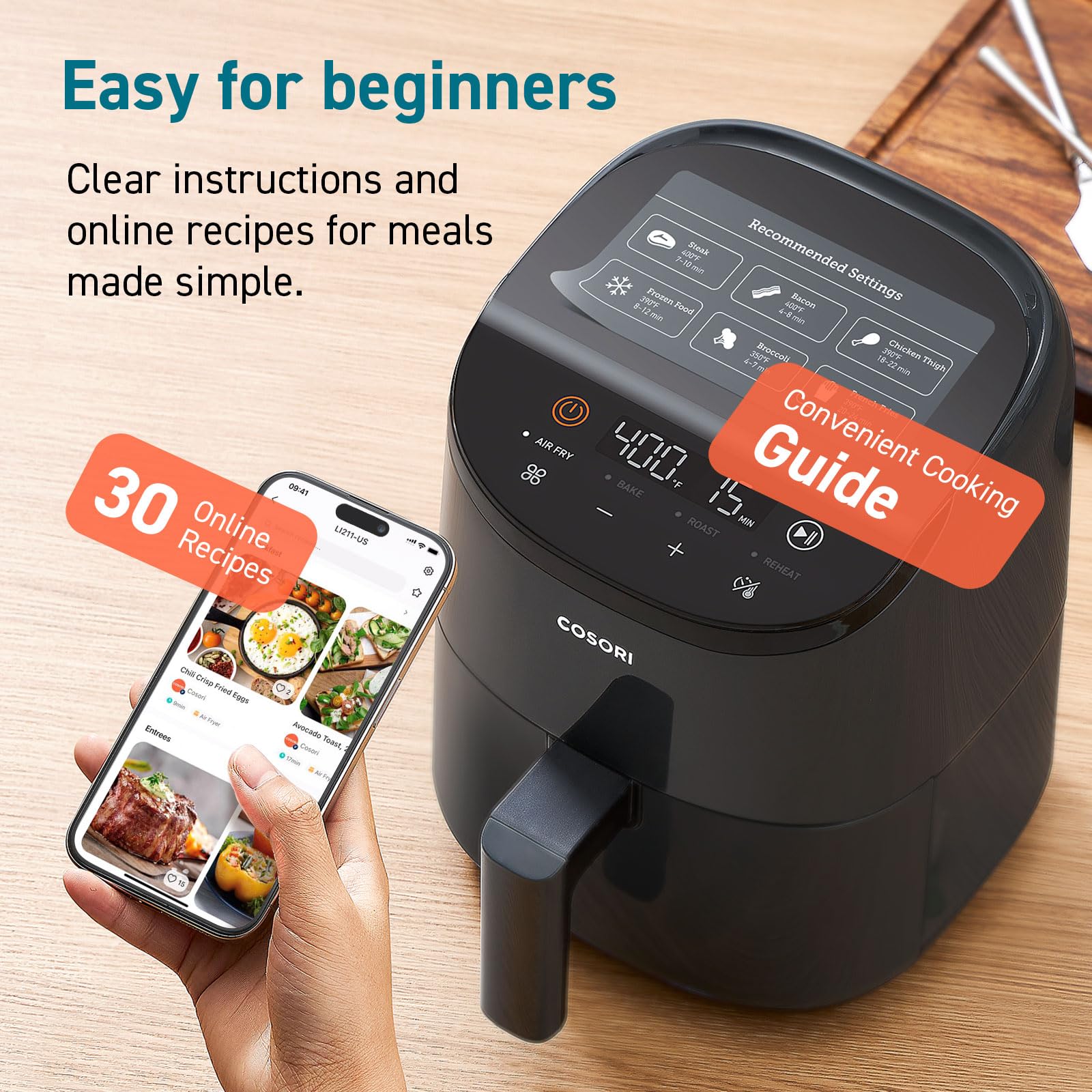 Cosori Mini Air Fryer 2.1 Qt, 4-in-1 Small Airfryer, Bake, Roast, Reheat, Space-saving & Low-noise, Nonstick and Dishwasher Safe Basket, 30 In-App Recipes, Sticker with 6 Reference Guides, Gray