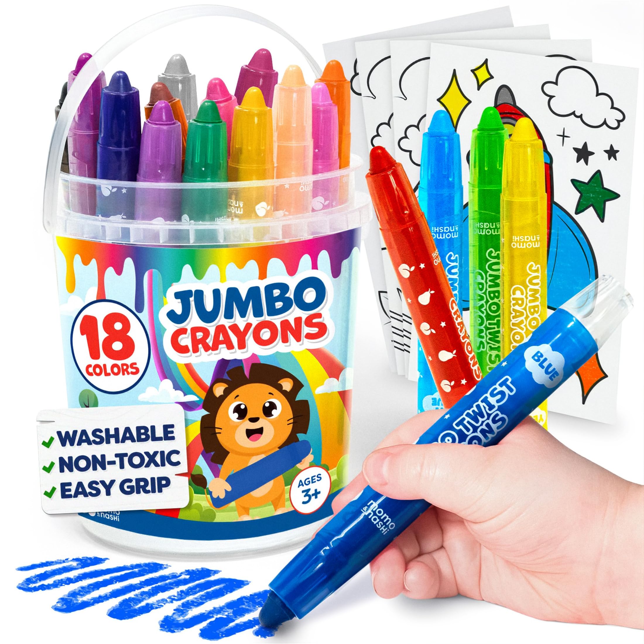 Momo & Nashi Toddler Crayons - 18pc Large Crayons for Toddlers - Big Jumbo Crayons With Printed Color Sheets - Twistable Crayons For Kids Ages 4-8 - Non Toxic Washable Crayons - Toddler Art Supplies