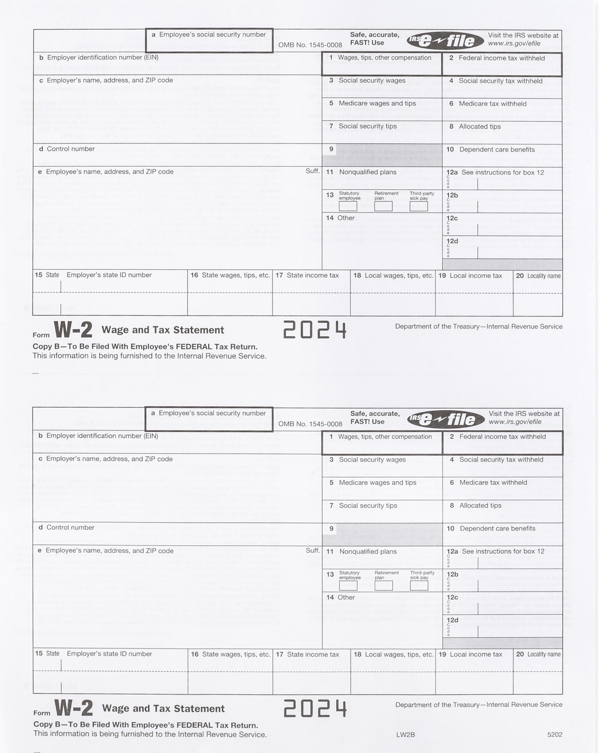 W2 Forms 2024, 6 Part Tax Forms for 25 Employees IRS Compatible W2 Forms, Works with Quick books in Other Software - Includes 25 Self-Seal Envelopes