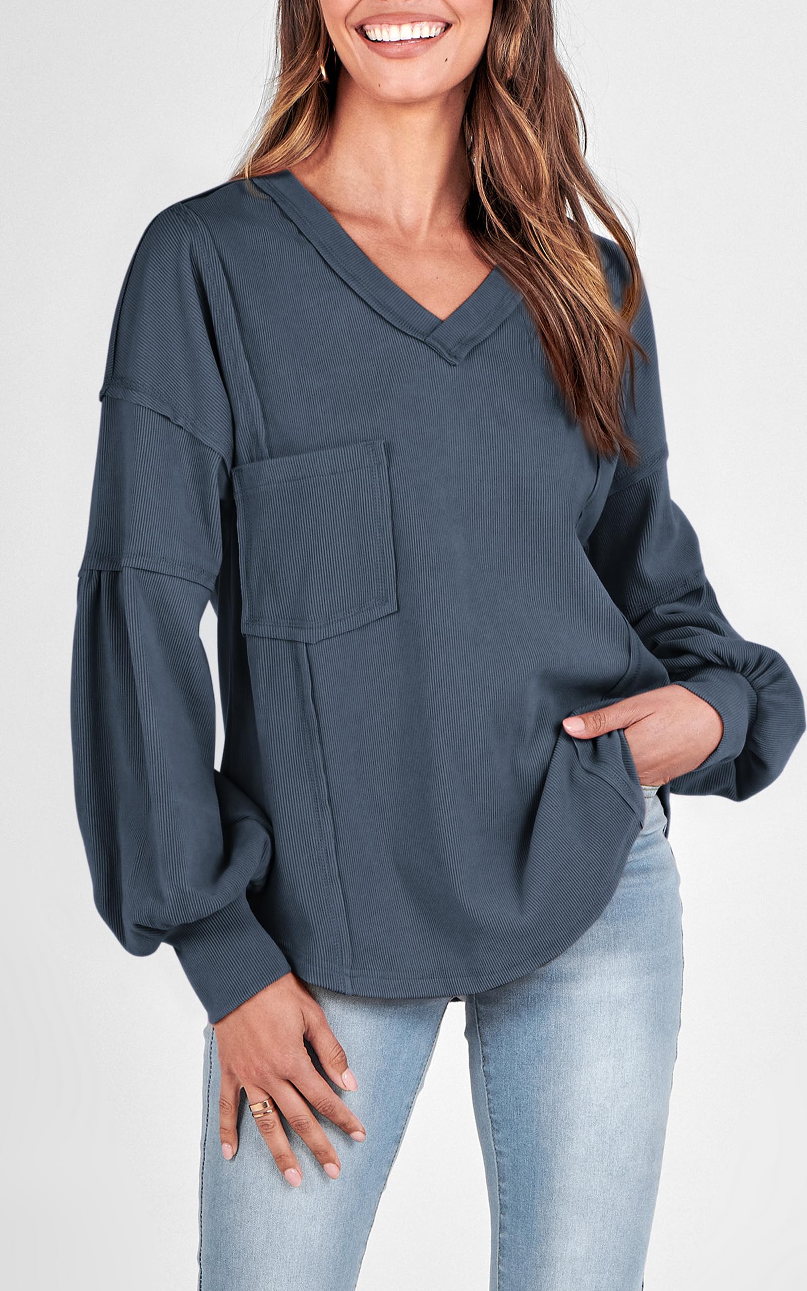 BTFBM Women's Casual V Neck Ribbed Knit Shirts 2024 Fall Pullover Tunic Tops Loose Balloon Long Sleeve Blouses Top(Solid Light Grey Blue, X-Large)