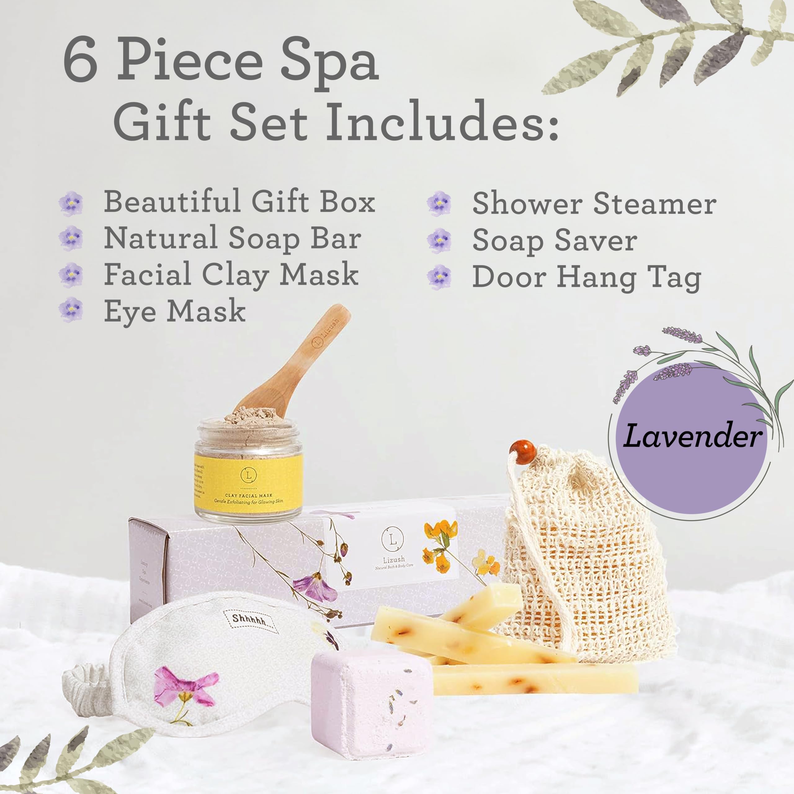 Lizush Lavender 6-Piece Spa Kit for Women Gift Set - Handmade Relaxing Spa Gift Baskets - Pampering Bath Gift Box Sets for Spa Day - Luxury Spa Items Care Package - Premium Relaxation Gifts for Women