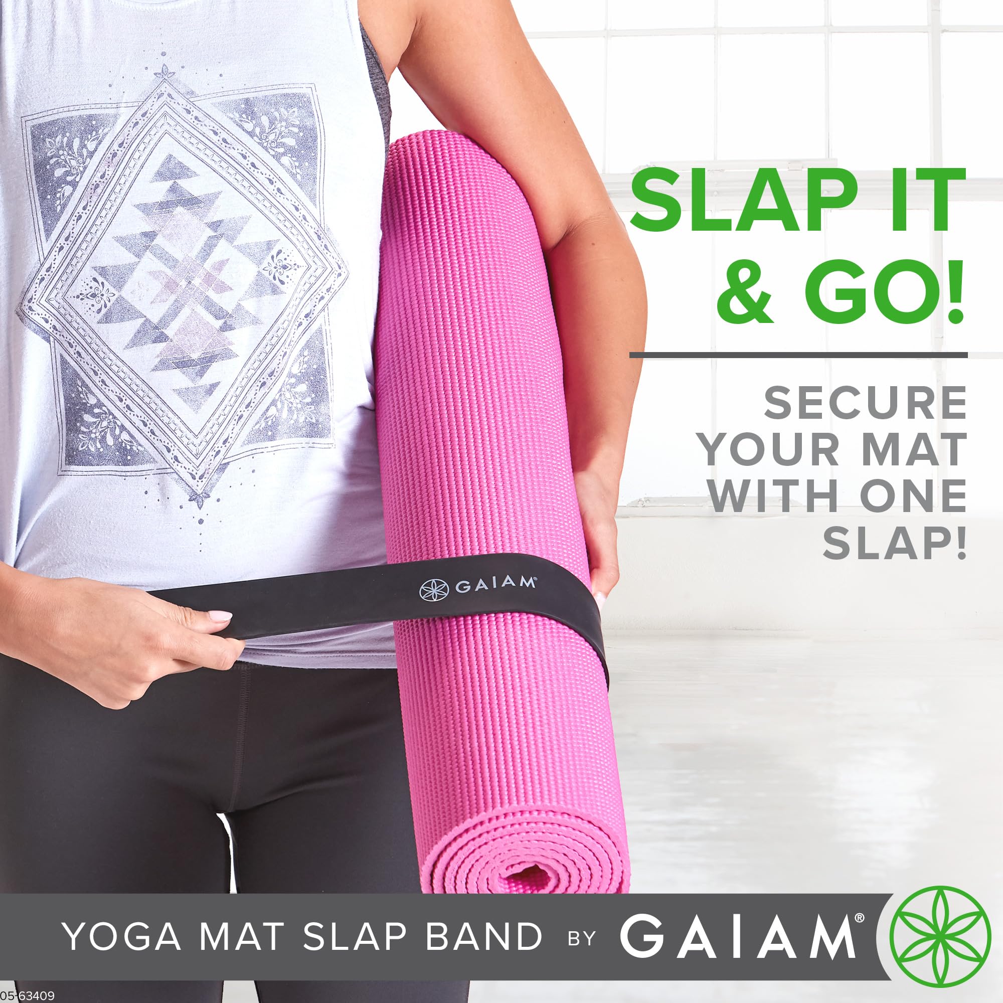 Gaiam Yoga Mat Strap Slap Band - Keeps Your Mat Tightly Rolled and Secure with One Snap - Strong Clasp for Yoga Mat Storage and Travel - Fits Most Size Mats (20"L x 1.5"W), Black