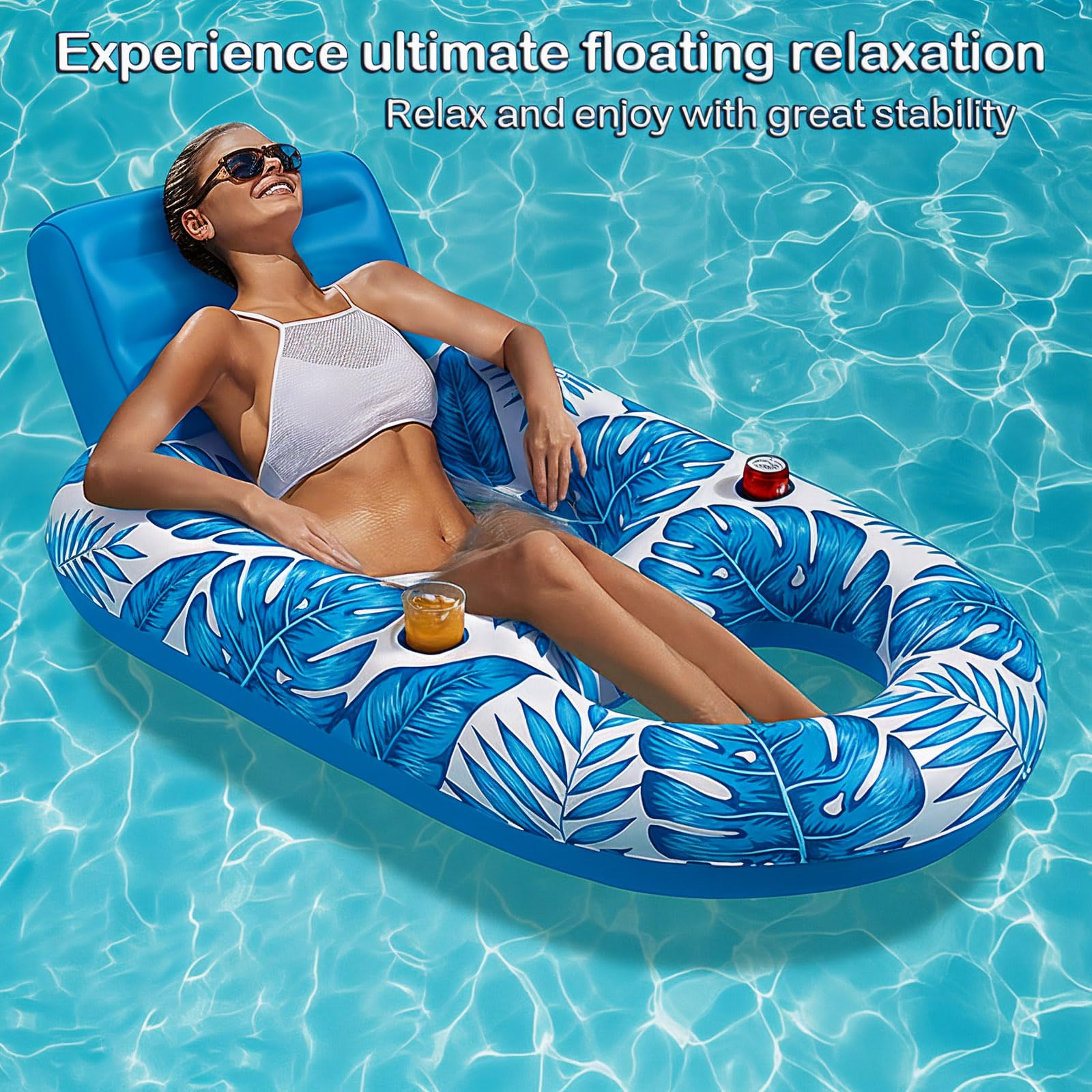 Pool Lounger Floats,Pool Rafts for Adults Large Recliner Tanning Lounge Chair Water Floaty with Backrest Footrest Cup Holder for Swimming Pool Beach Lake River and Vacation