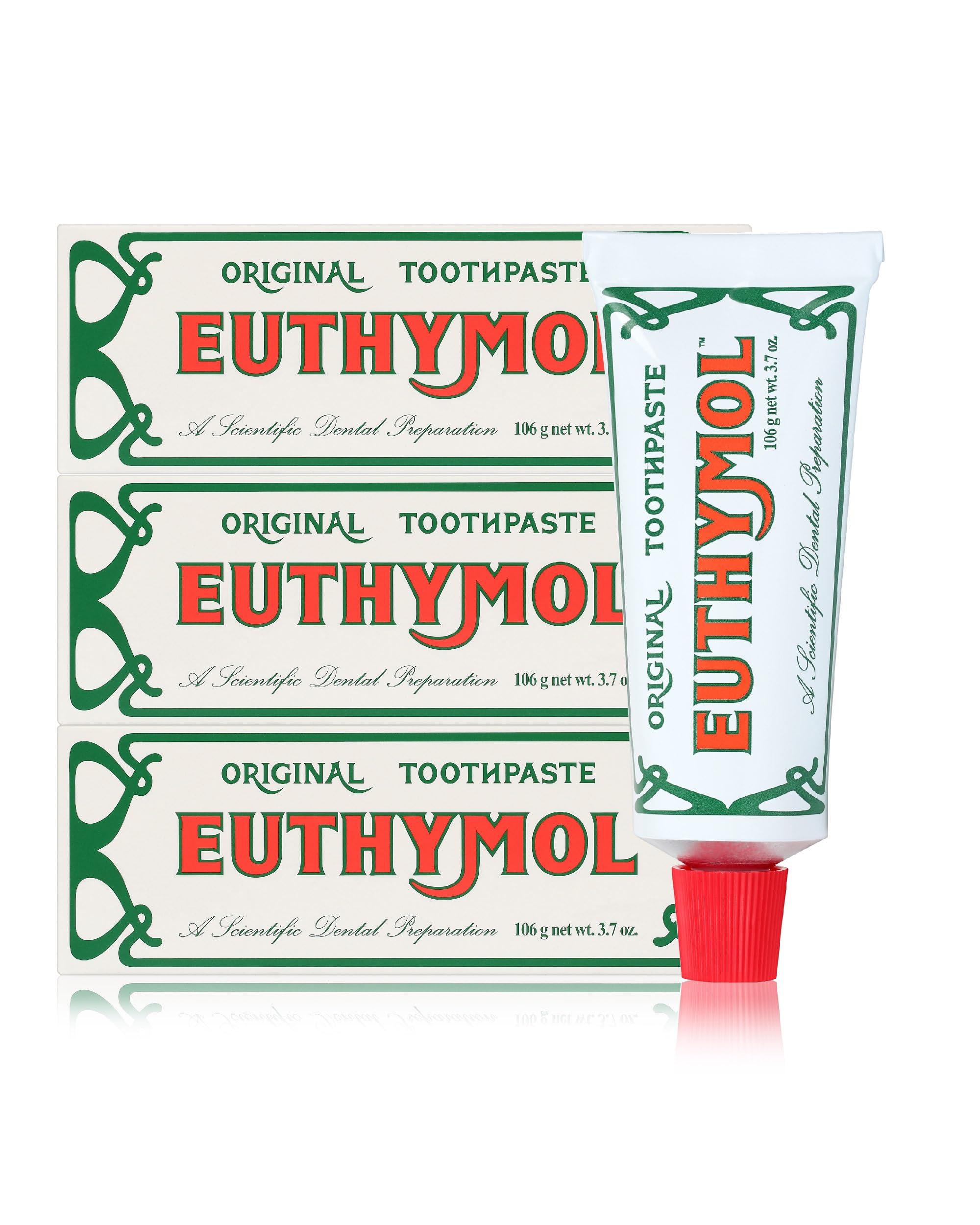 EUTHYMOL Original Toothpaste (3.7fl oz*3, Pack of 3) - Fluoride-Free Toothpaste for Sensitive Teeth & Gum. Bad Breath, Cavity Prevention, 12-Hour Long Lasting Freshness with Wintergreen