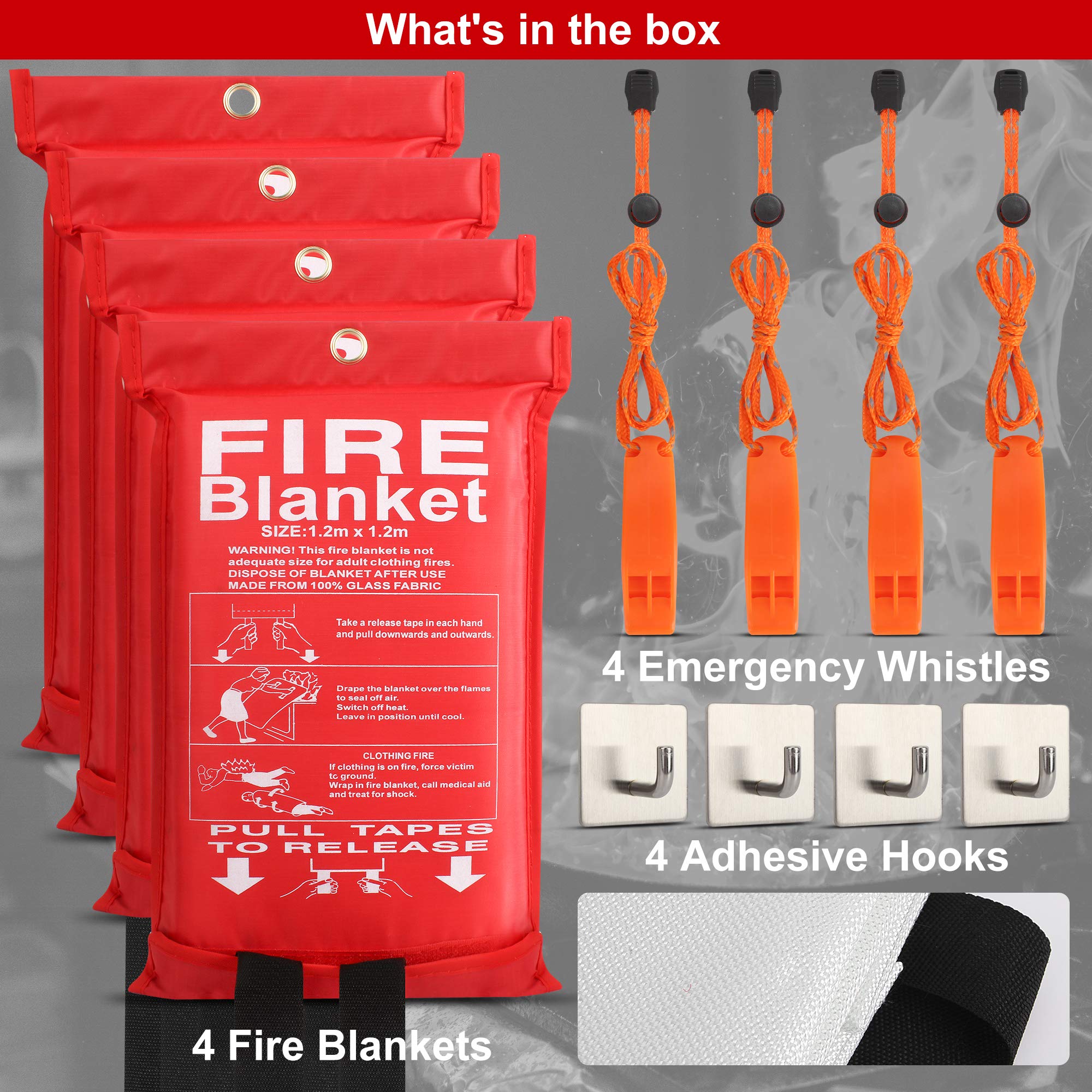 4-Pack Fire Blanket - XX-Large Fiberglass Fire Blanket Fire Suppression Blanket - Fire Blankets Emergency for People - Fire Safety Blanket with Emergency Whistles - Fireblanket for Kitchen, Home