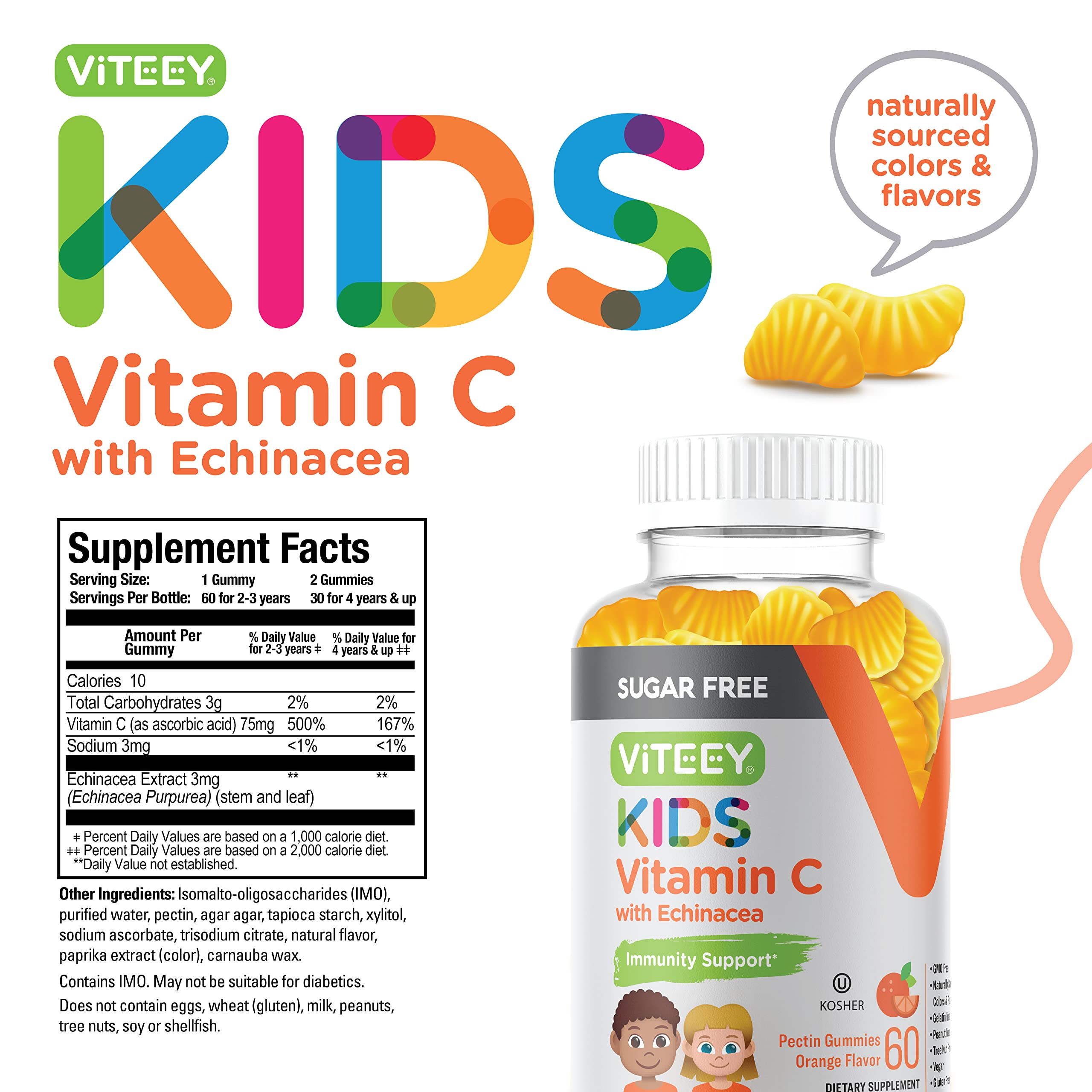 Kids Vitamin C Gummies 75mg, with Echinacea - Sugar Free - Immune Support for Kids, Toddlers, & Teens - Vegan, Gelatin Free, Gluten Free, GMO Free - Tasty Chewable Orange Flavored Kids Immunity Gummy