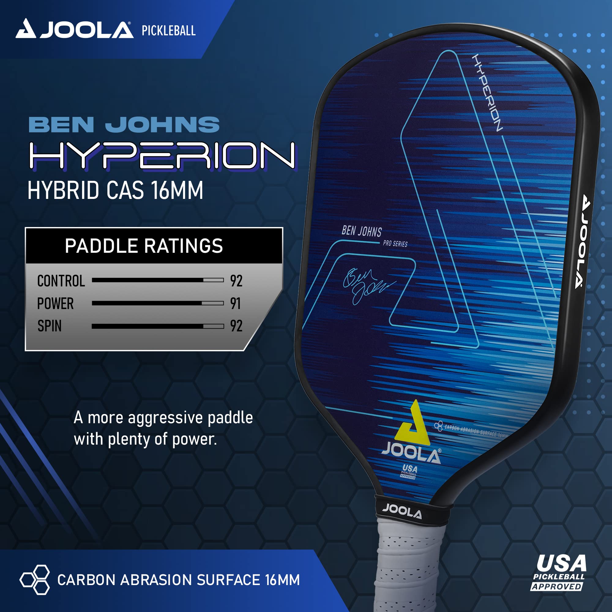 JOOLA Ben Johns Hyperion CAS 16 Pickleball Paddle - Carbon Abrasion Surface with High Grit & Spin, Sure-Grip Elongated Handle, 16mm, with Polypropylene Honeycomb Core, USAPA Approved