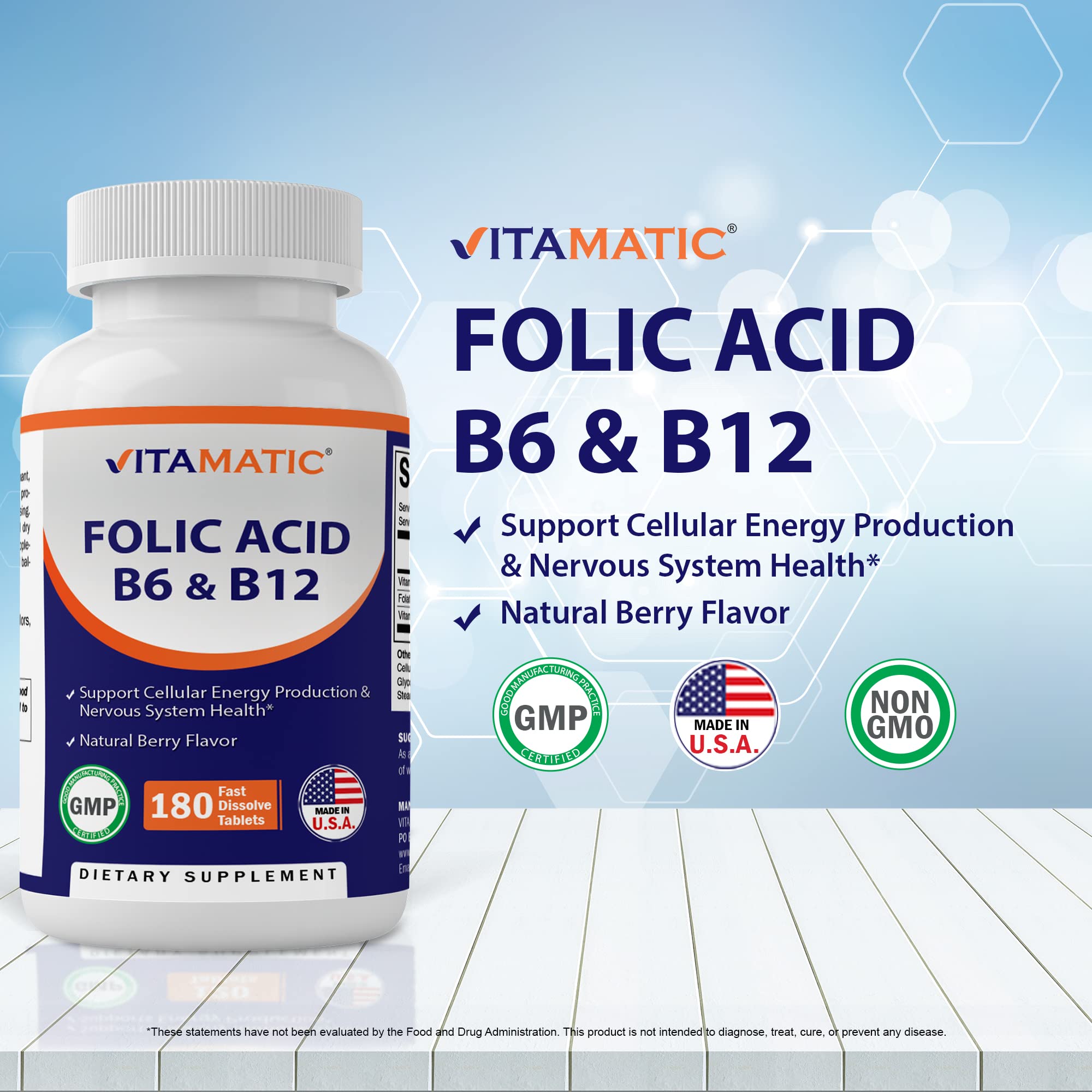 Vitamatic Folic Acid B12 B6 - Heart Health, Energy & Red Blood Cell Support - 180 Fast Dissolve Tablets