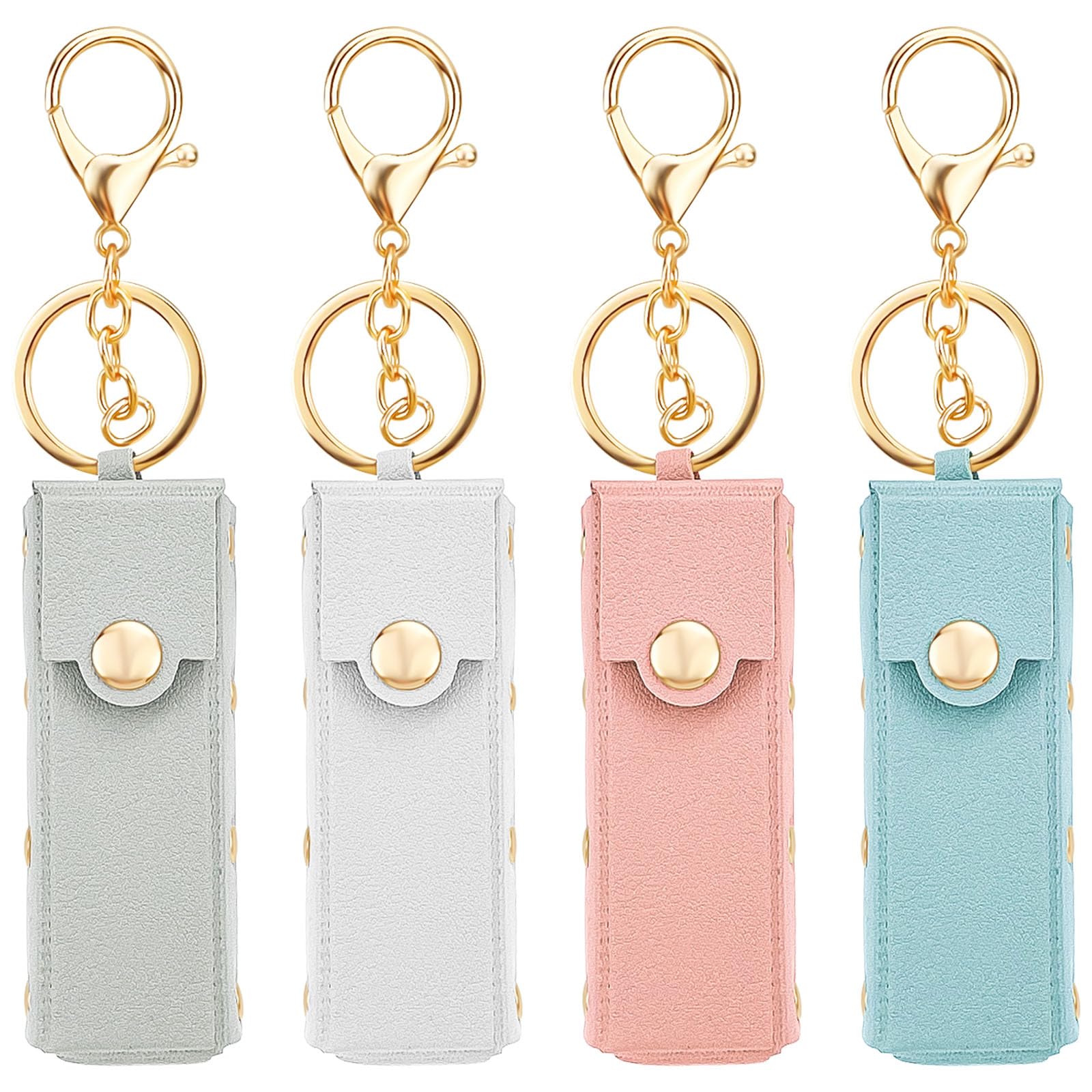 4 Pcs Lipstick Holder Keychain PU Leather Chapstick Case Keychain Lip Balm Organizer Holder Lip Gloss Keychain Holder Portable Sleeve Lipstick Travel Storage Case for Women (Pink+Blue+Gray+White)