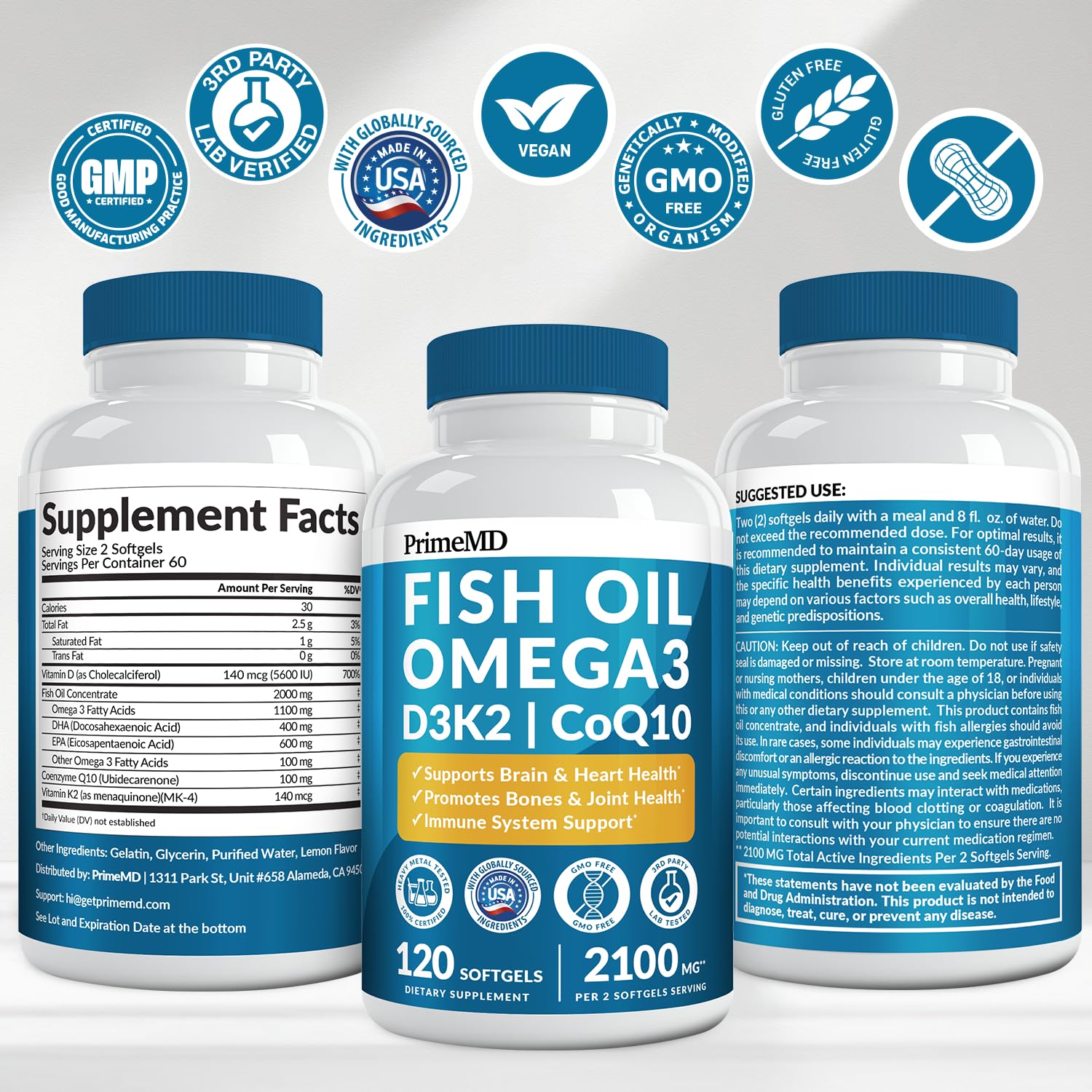 4-in-1 Fish Oil Omega 3 Fatty Supplements (2100mg) - Omega 3 Fish Oil with Vitamins D3 K2 and CoQ10 - Lemon Flavored (120 softgels)