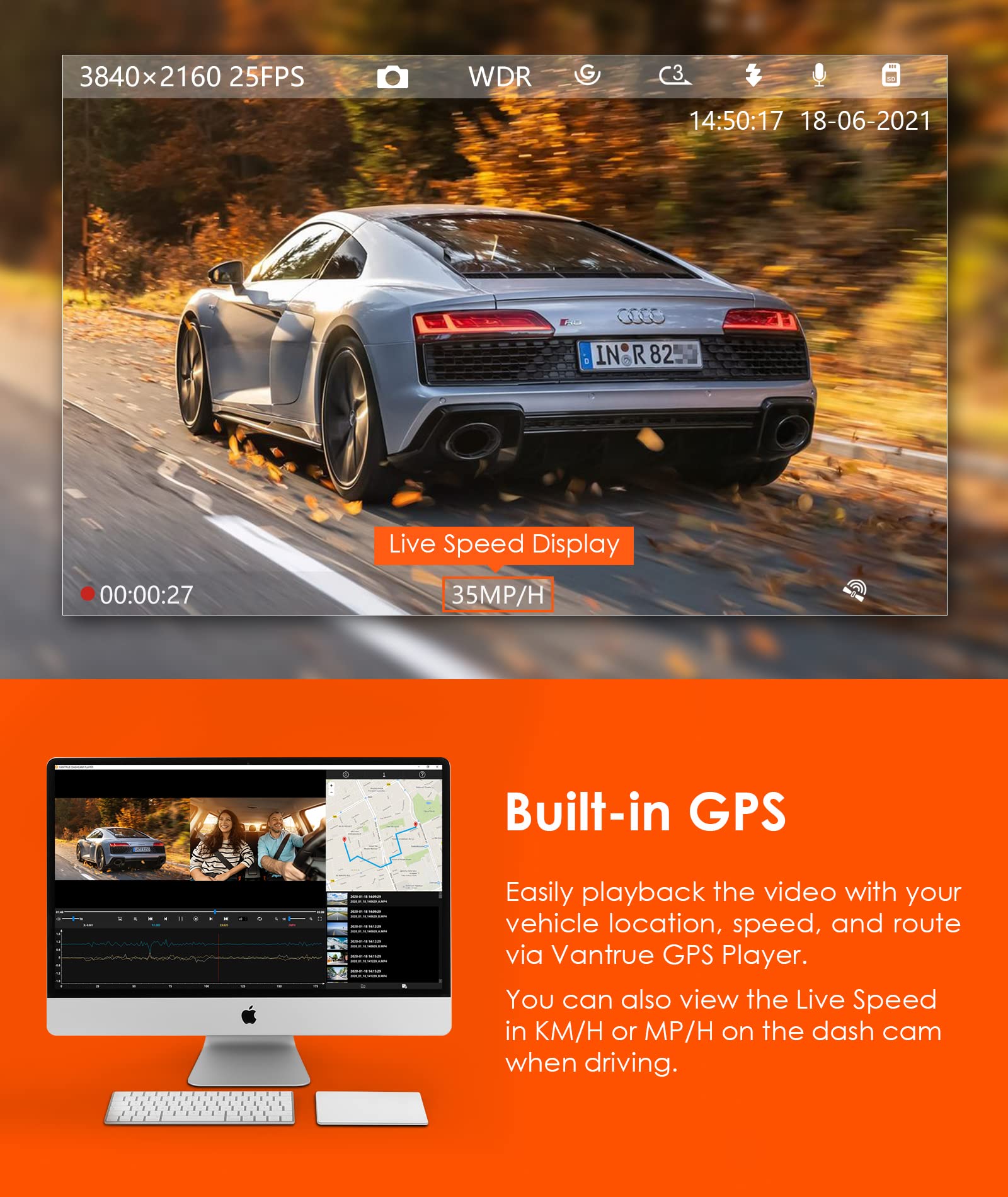 Vantrue N2S 4K Dash Cam with GPS, Front and Inside Dual 2.5K 1440P, IR Night Vision Uber Car Camera, 24/7 Recording Parking Mode, Motion Detection, 256GB Supported