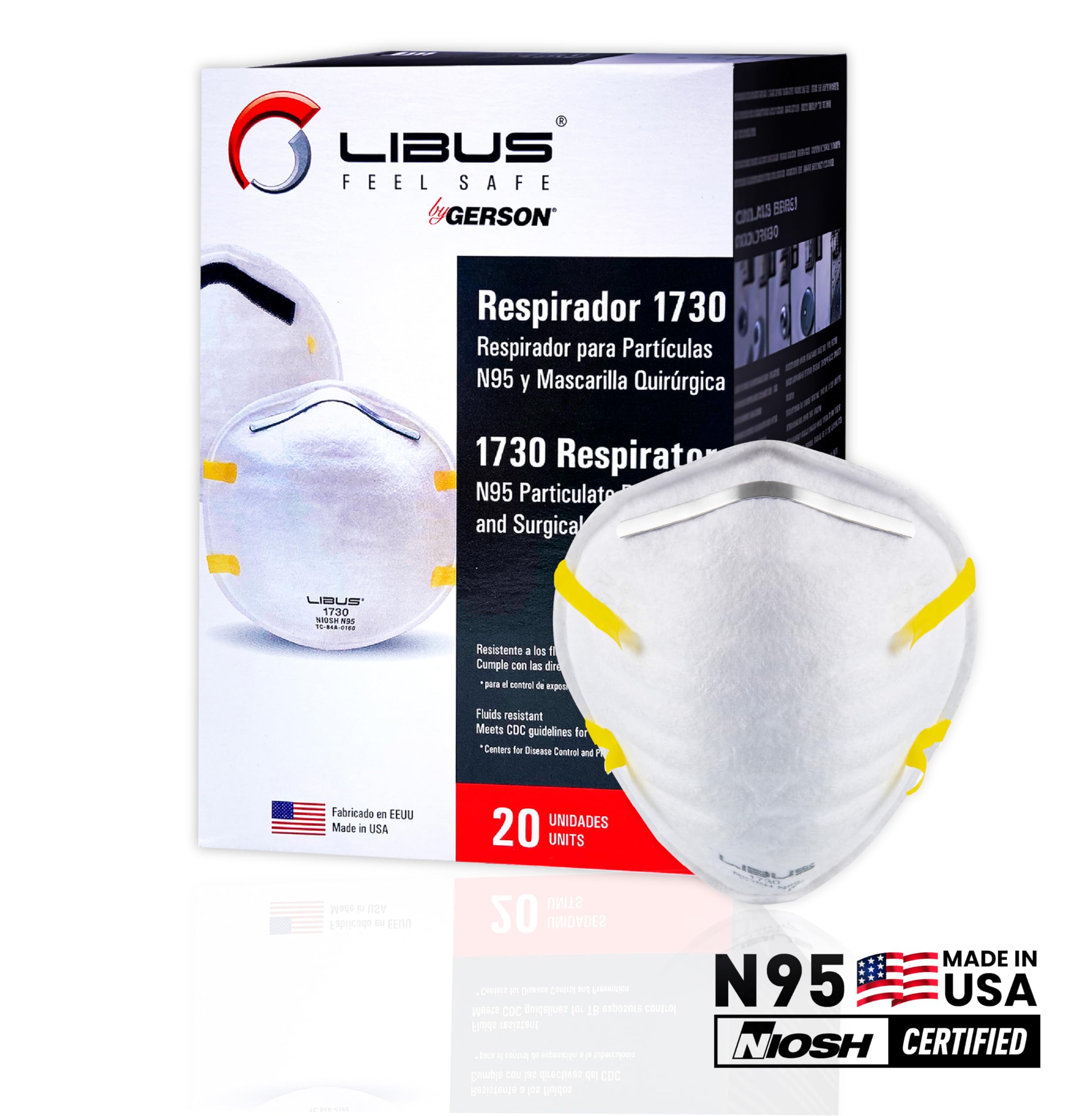 LIBUS N95 Mask NIOSH certified Made in USA, Contoured Adjustable Nose Clip, Collapse Resistant Double-Shell (20 pack)