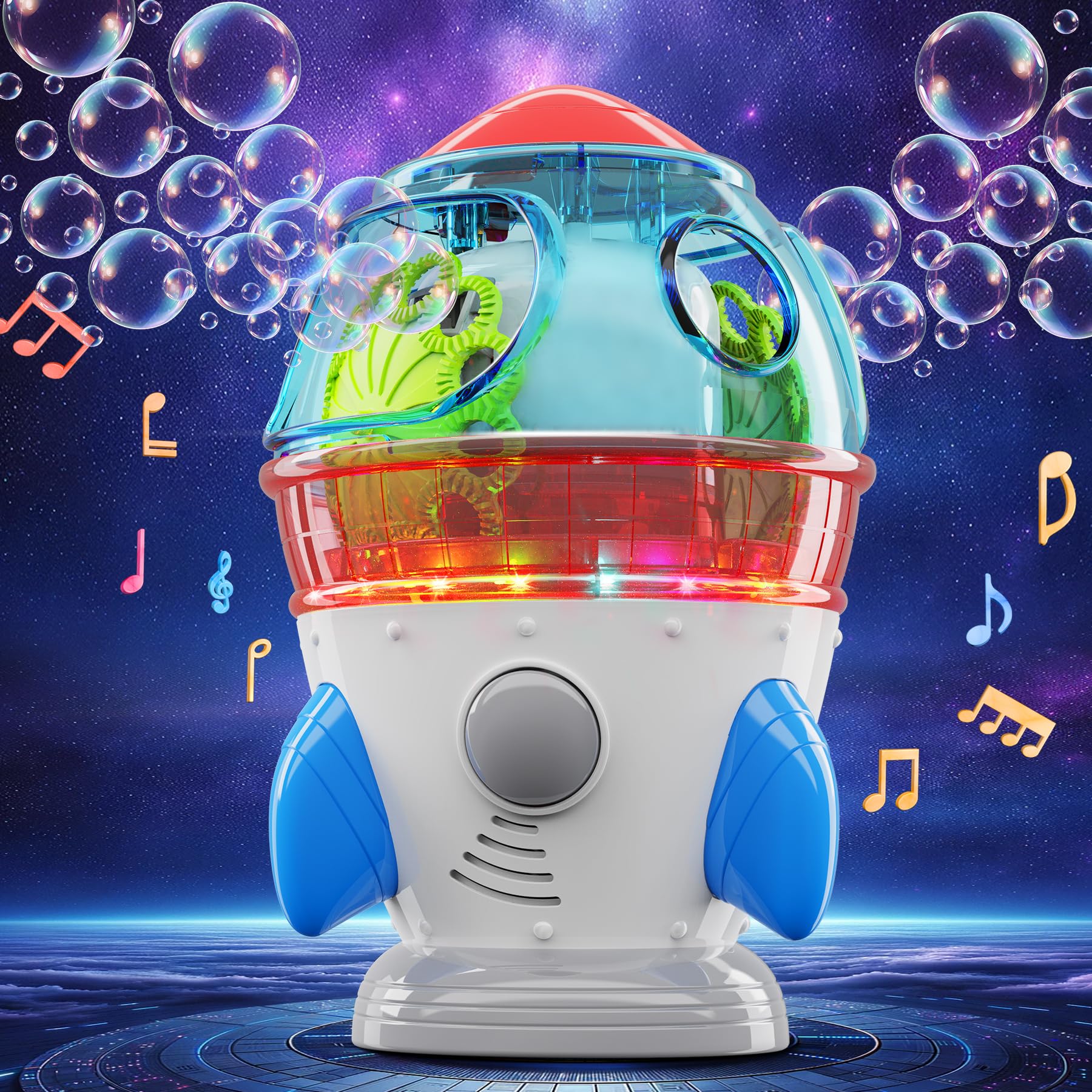 Bubble Machine, Automatic 360° Rotatable Rocket Bubble Blower Machine with 2 Fans Lights Music for Kids Toddlers 1-3 Bubble Maker Machine for Indoor Outdoor Wedding Party Birthday Gifts