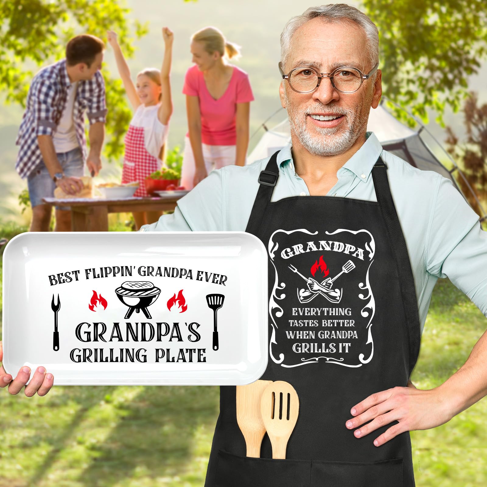 Gifts for Grandpa, Grandpa Birthday Gifts Personalized Grilling Platter Apron Gift for Grandpa from Grandkids, Great Grandpa Christmas Gift Fathers Day Funny Grandpa Grilling Plate BBQ Serving Tray